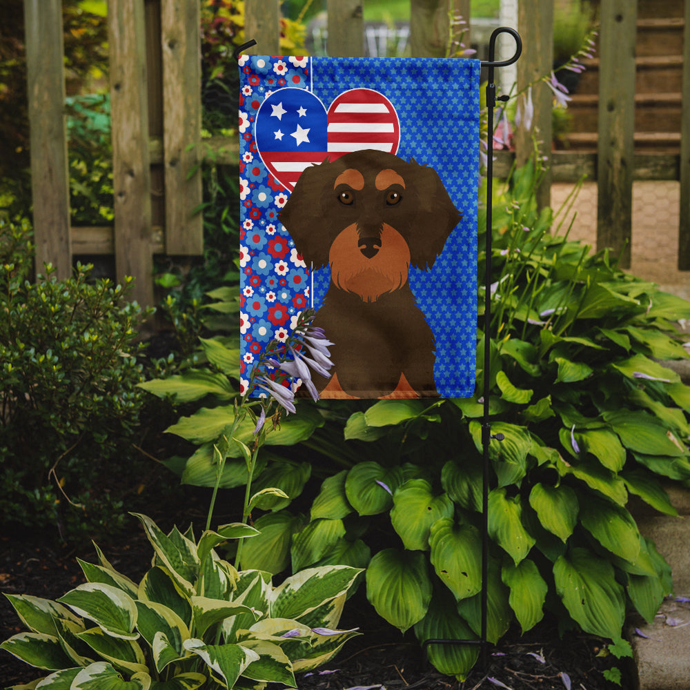 Wirehair Chocolate and Tan Dachshund USA American Flag Garden Size  the-store.com.