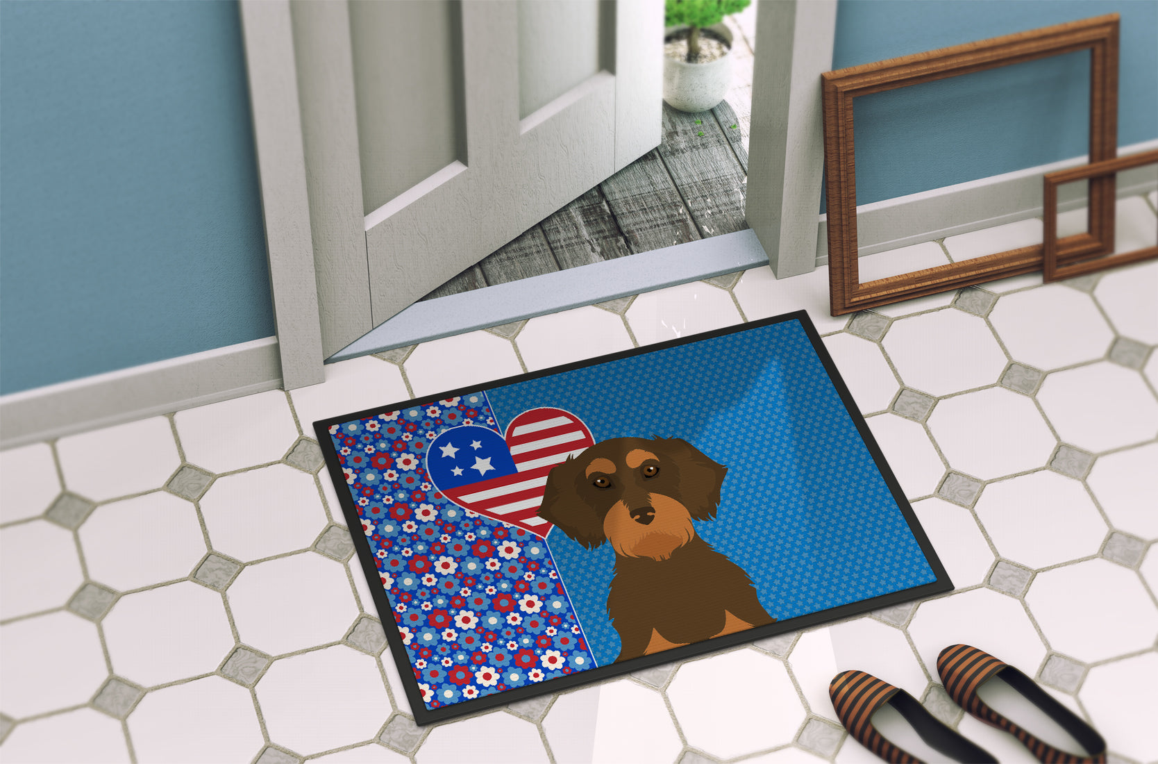 Wirehair Chocolate and Tan Dachshund USA American Indoor or Outdoor Mat 24x36 - the-store.com