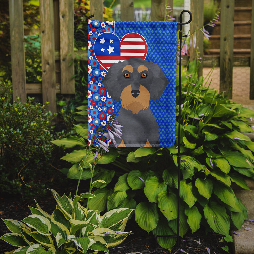 Wirehair Blue and Tan Dachshund USA American Flag Garden Size  the-store.com.