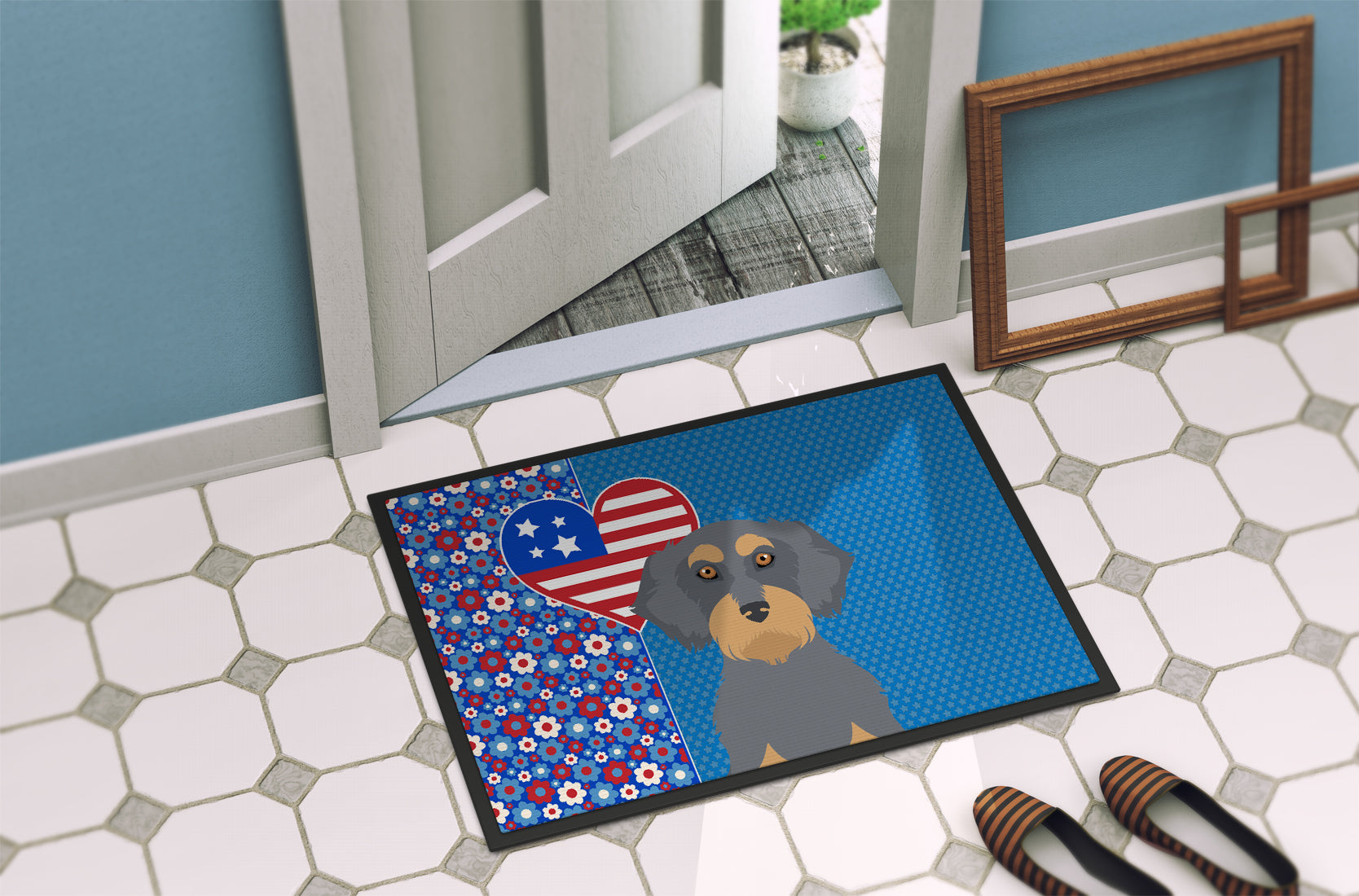 Wirehair Blue and Tan Dachshund USA American Indoor or Outdoor Mat 24x36 - the-store.com