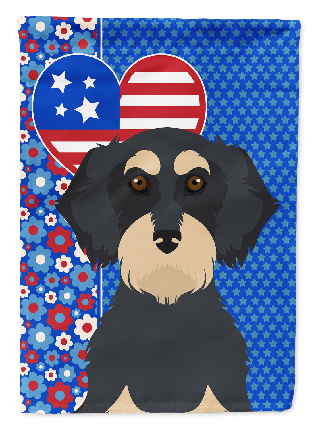 Wirehair Black and Cream Dachshund USA American Flag Garden Size  the-store.com.