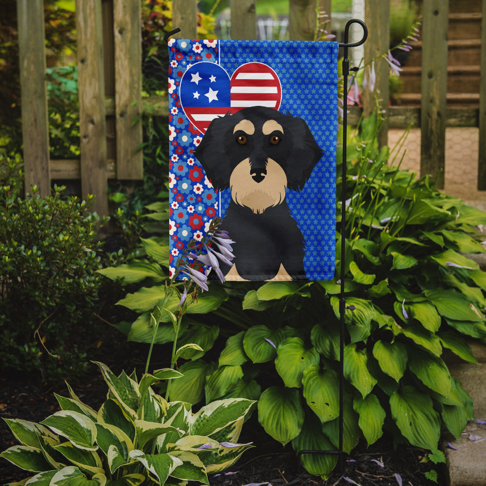 Wirehair Black and Cream Dachshund USA American Flag Garden Size  the-store.com.