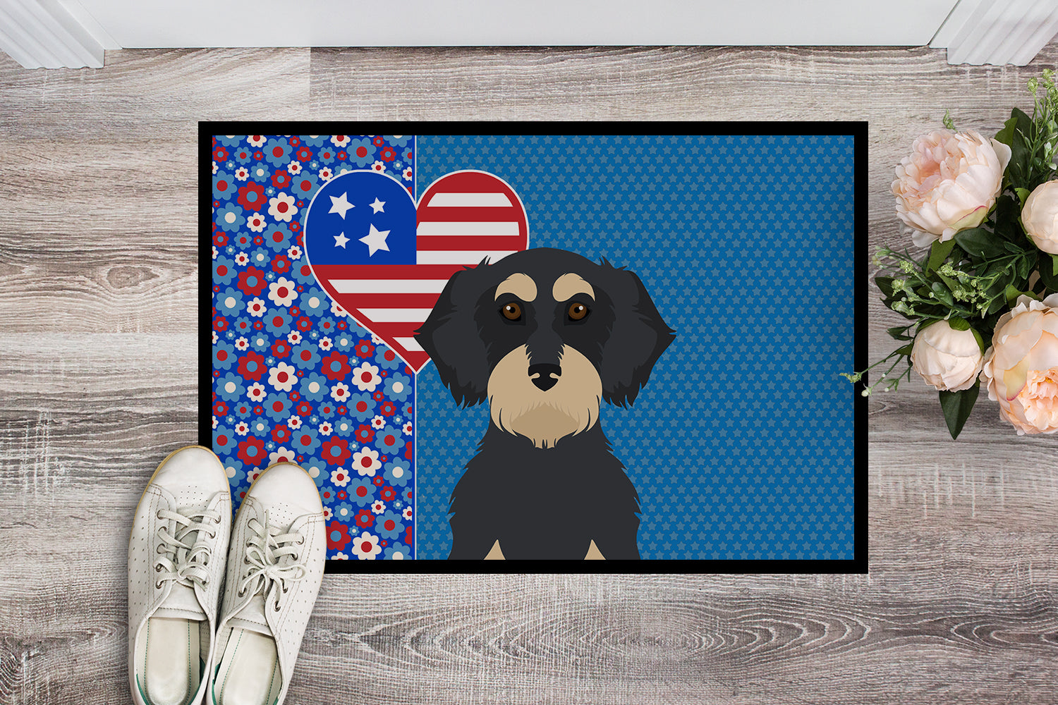 Wirehair Black and Cream Dachshund USA American Indoor or Outdoor Mat 24x36 - the-store.com