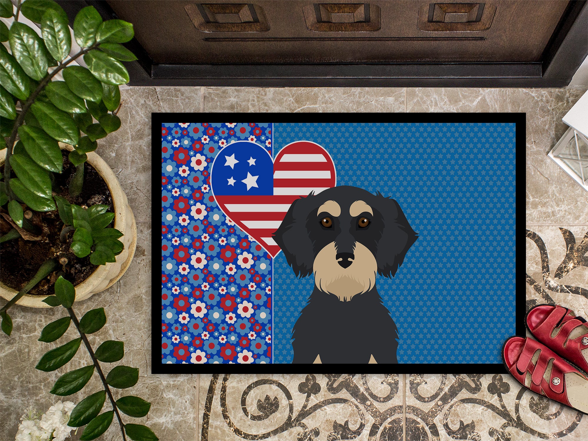 Wirehair Black and Cream Dachshund USA American Indoor or Outdoor Mat 24x36 - the-store.com