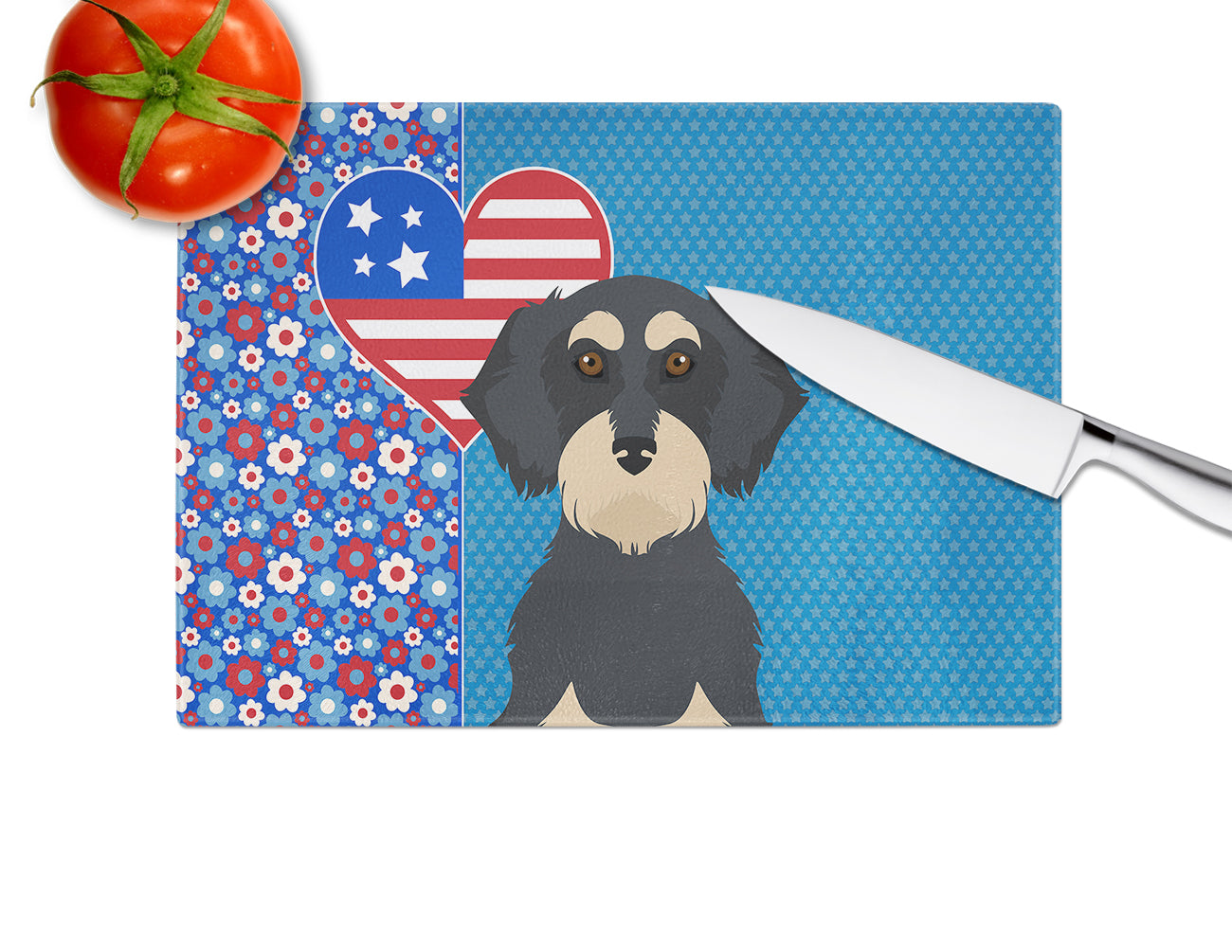 Wirehair Black and Cream Dachshund USA American Glass Cutting Board Large - the-store.com