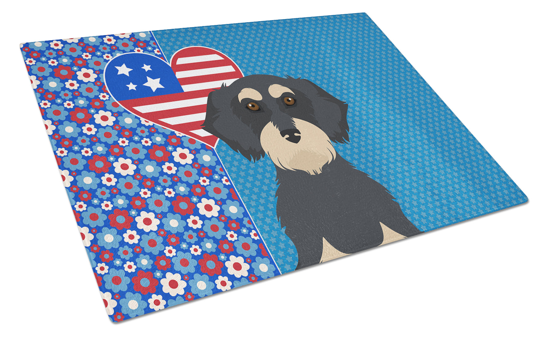Buy this Wirehair Black and Cream Dachshund USA American Glass Cutting Board Large