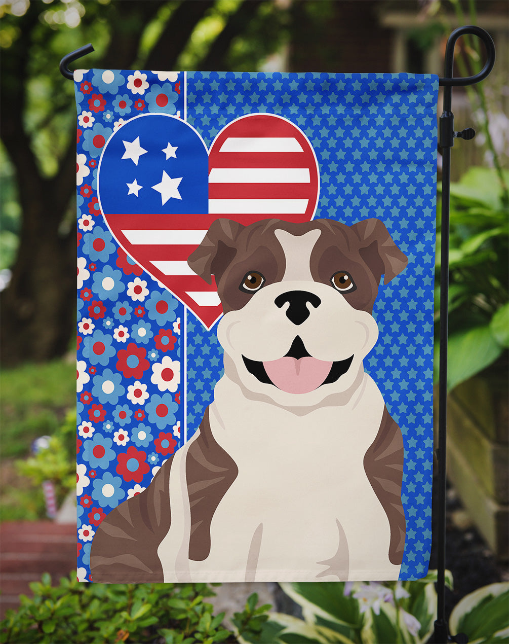 Brindle English Bulldog USA American Flag Garden Size  the-store.com.