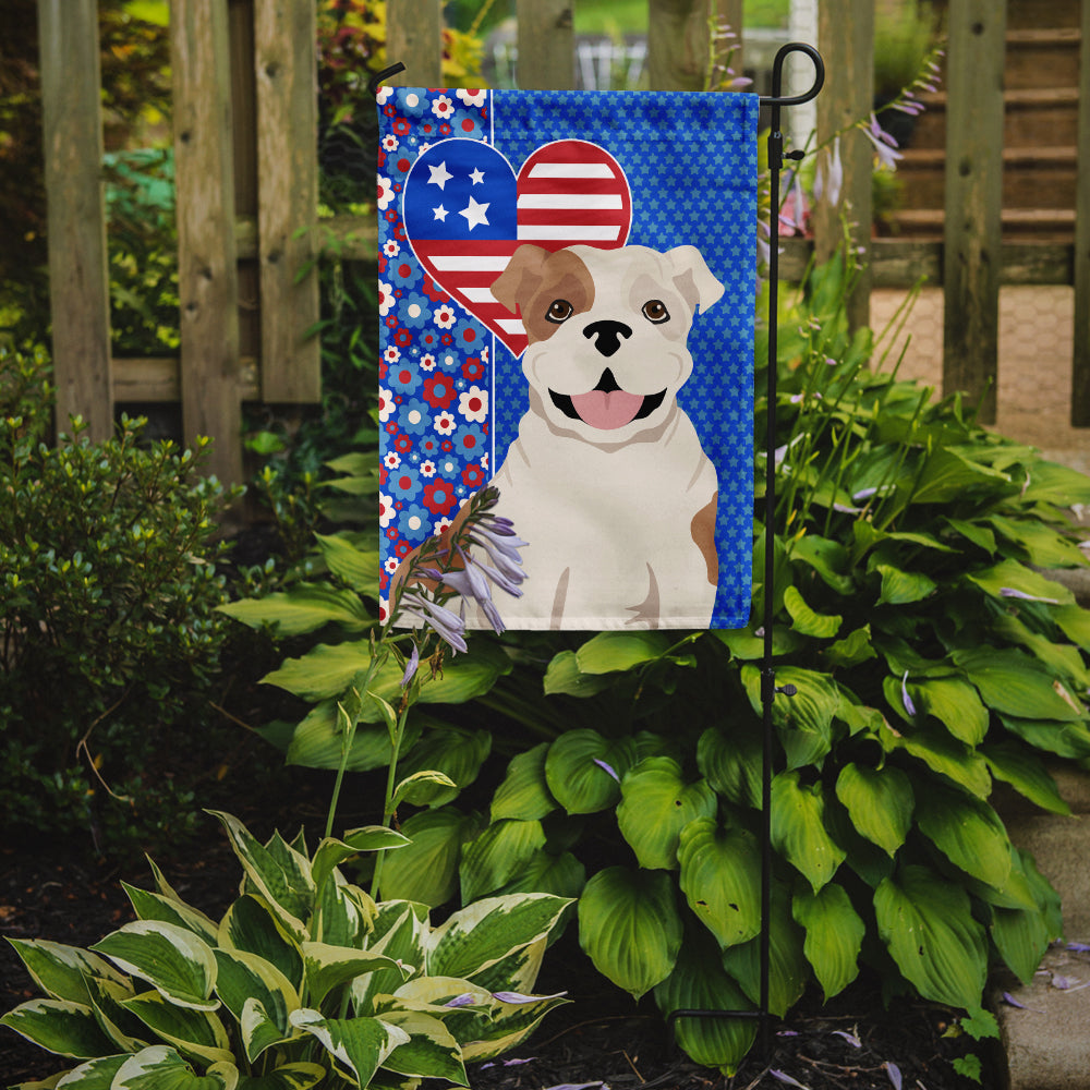 Piebald English Bulldog USA American Flag Garden Size