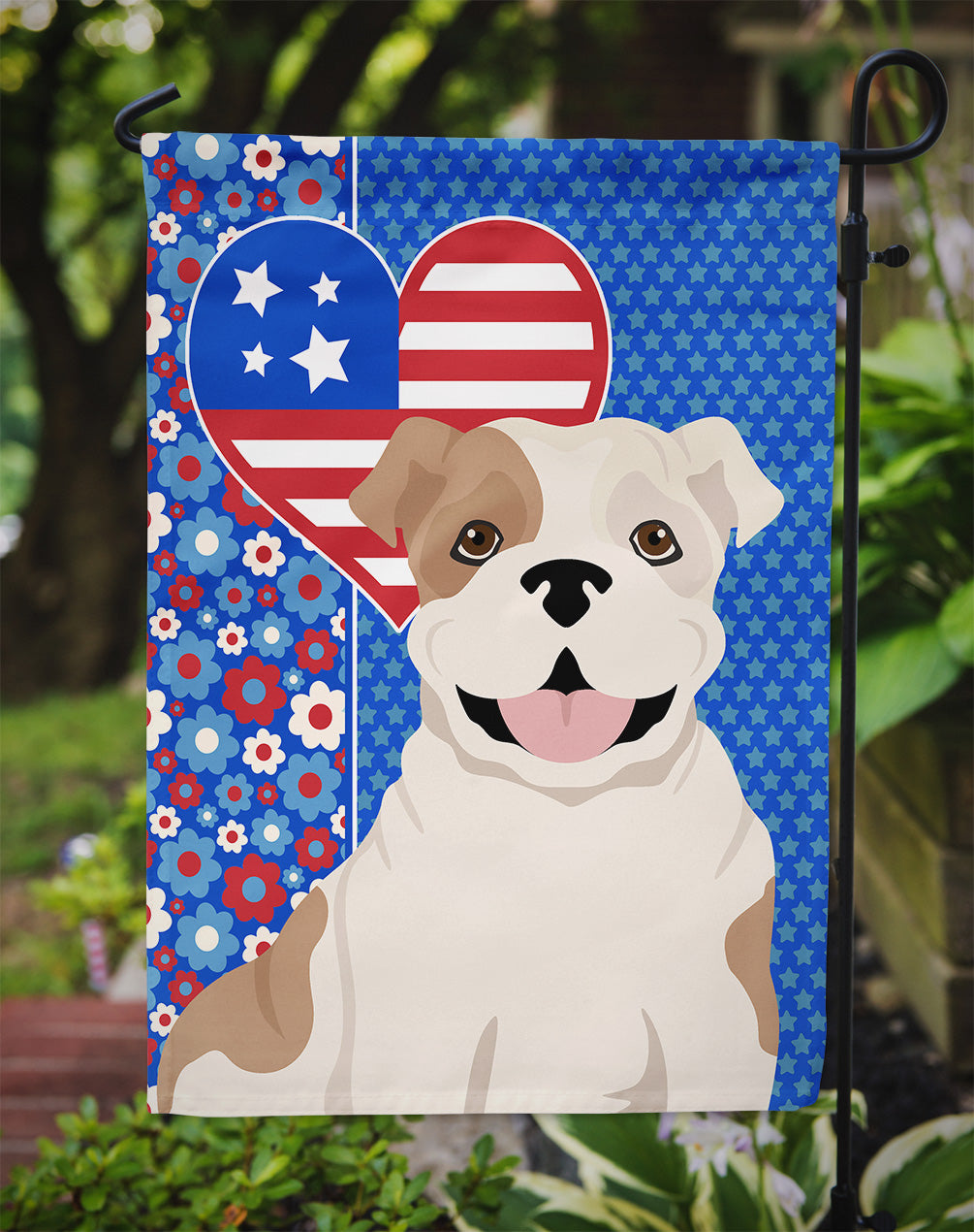 Piebald English Bulldog USA American Flag Garden Size