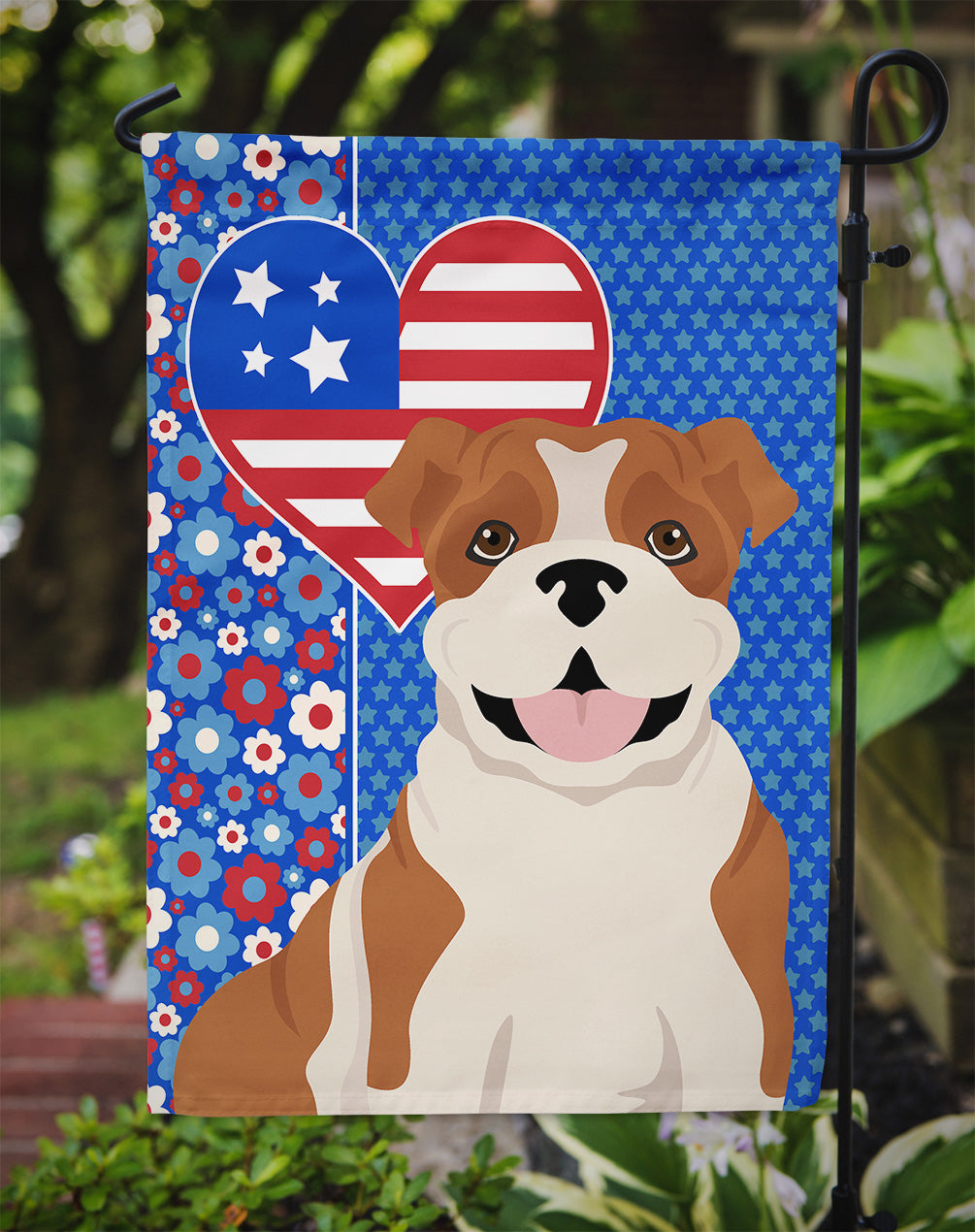 Red English Bulldog USA American Flag Garden Size