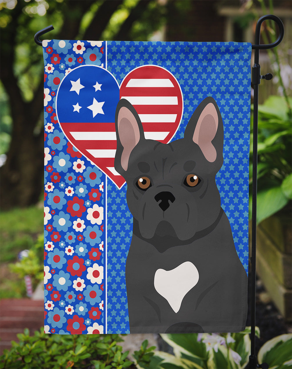 Black French Bulldog USA American Flag Garden Size  the-store.com.