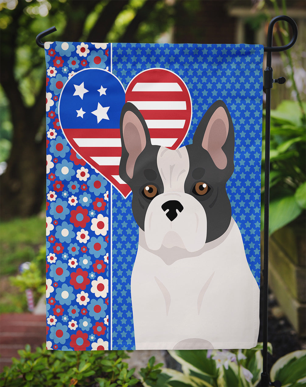 Black and White French Bulldog USA American Flag Garden Size