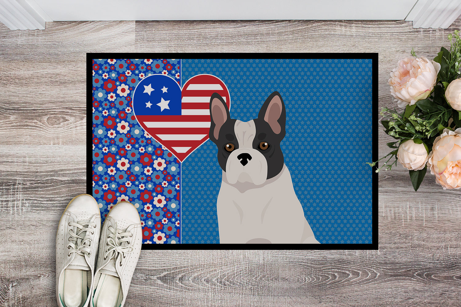 Black and White French Bulldog USA American Indoor or Outdoor Mat 24x36 - the-store.com