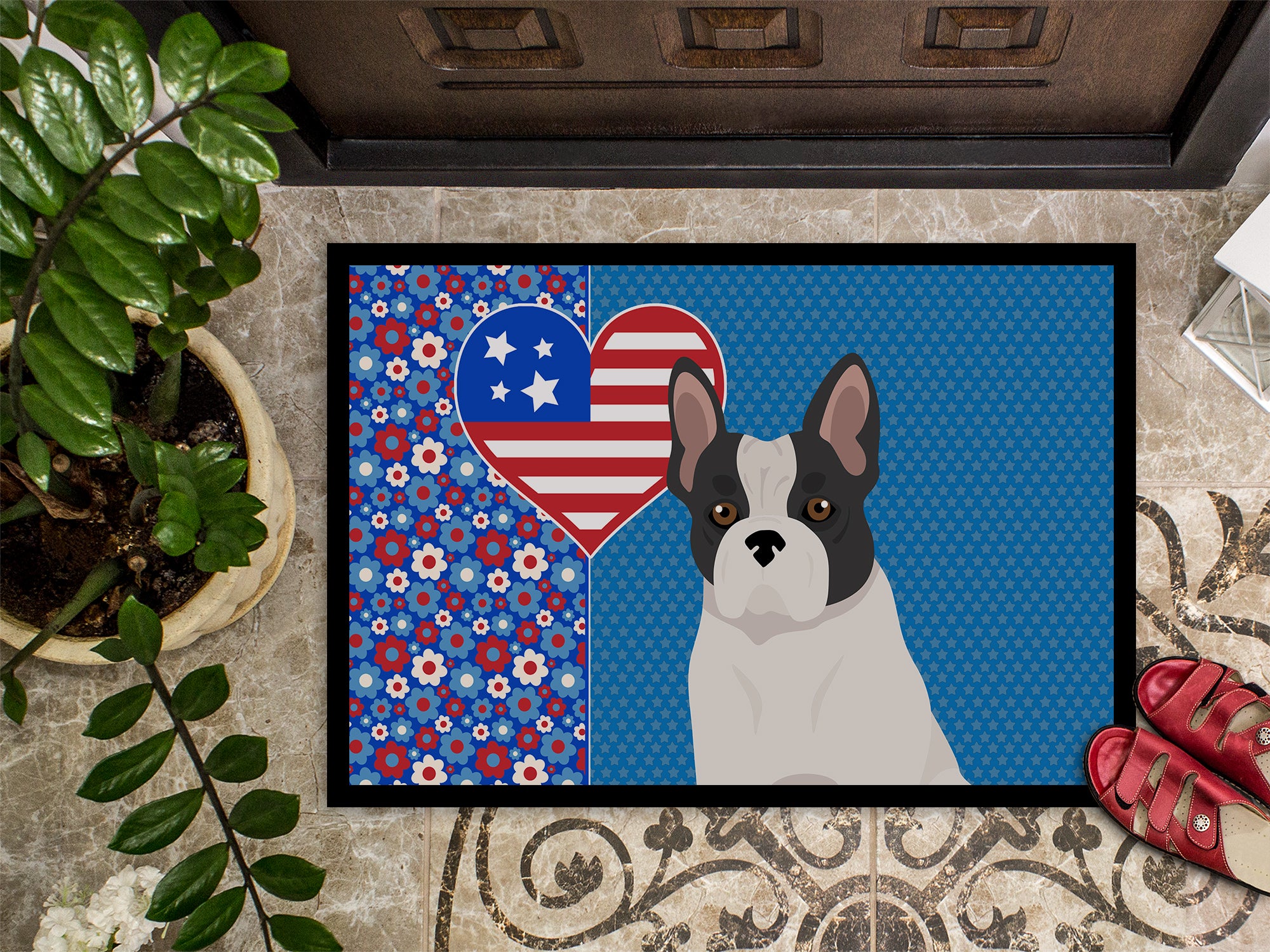 Black and White French Bulldog USA American Indoor or Outdoor Mat 24x36 - the-store.com