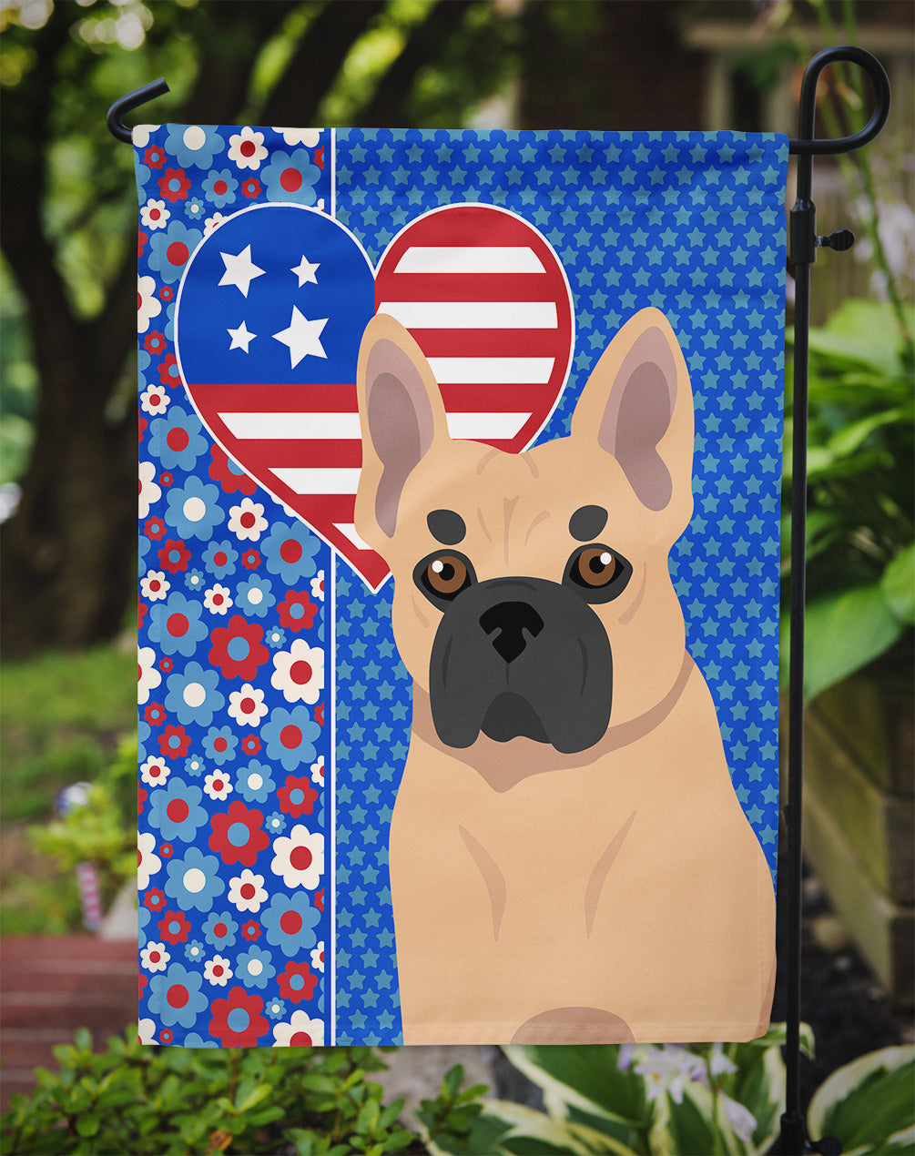 Fawn French Bulldog USA American Flag Garden Size
