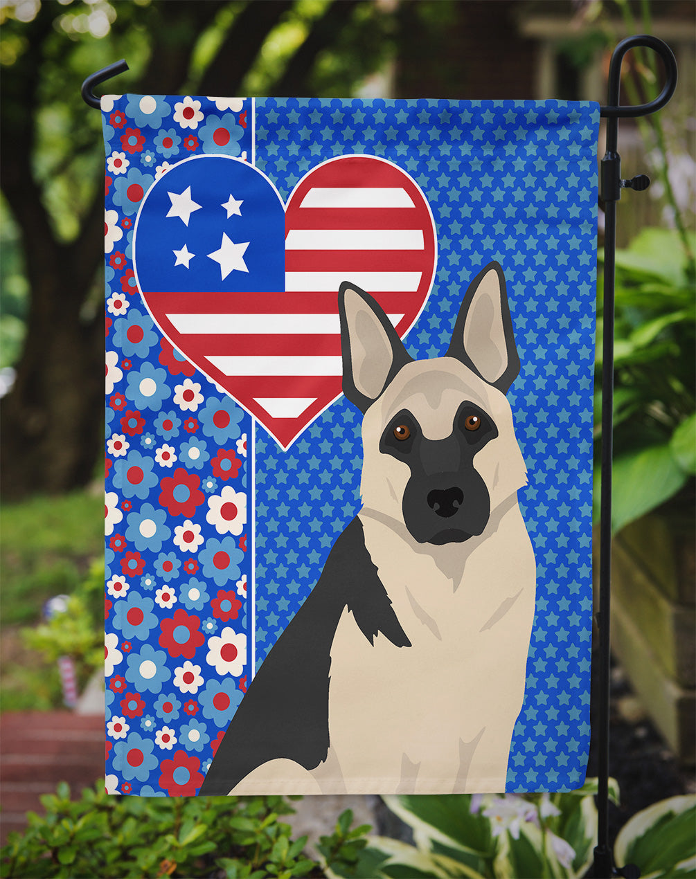 Black and Silver German Shepherd USA American Flag Garden Size  the-store.com.