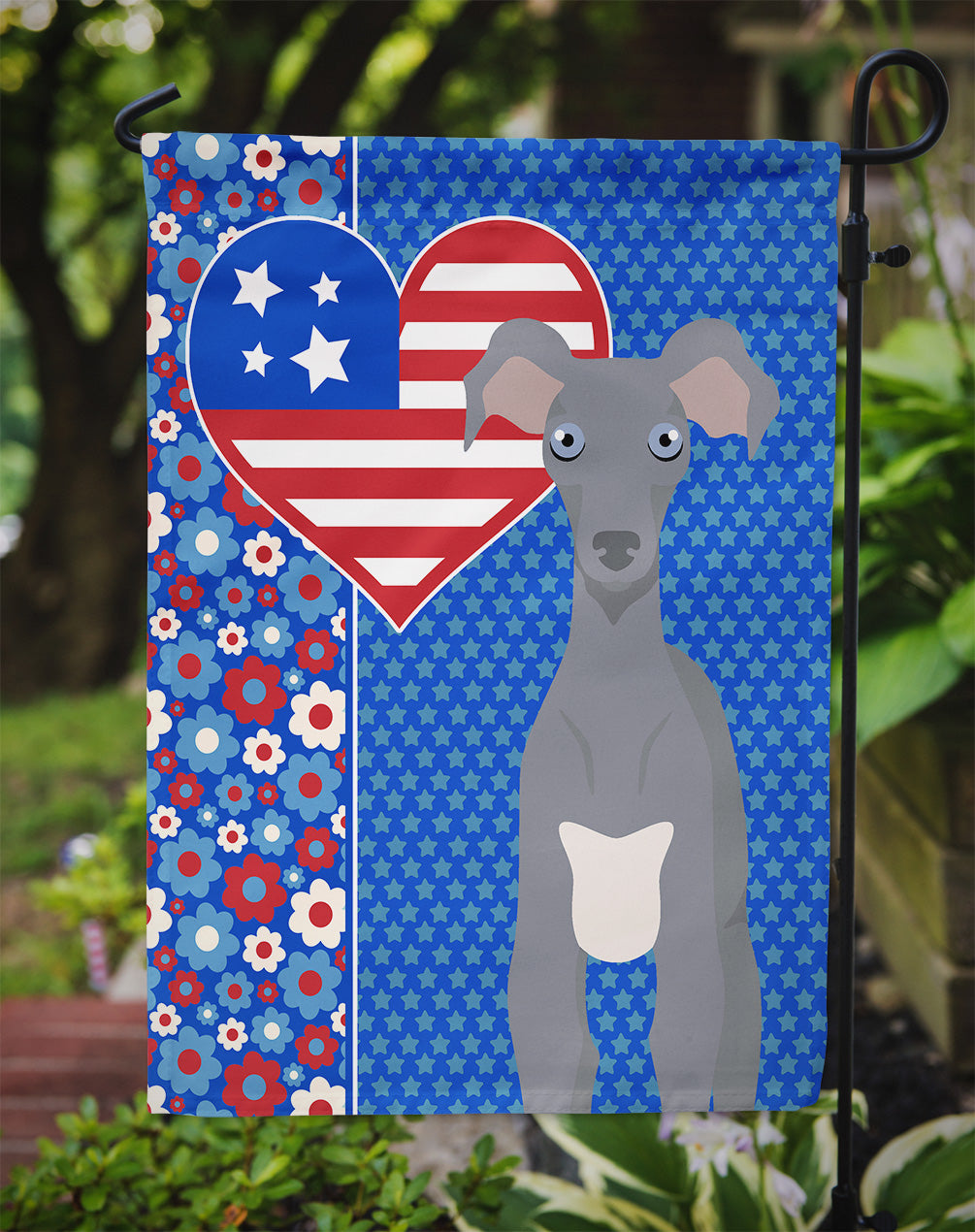 Gray Italian Greyhound USA American Flag Garden Size