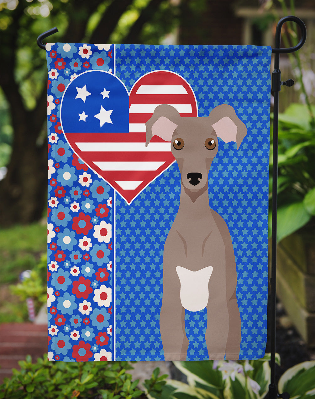 Fawn Italian Greyhound USA American Flag Garden Size