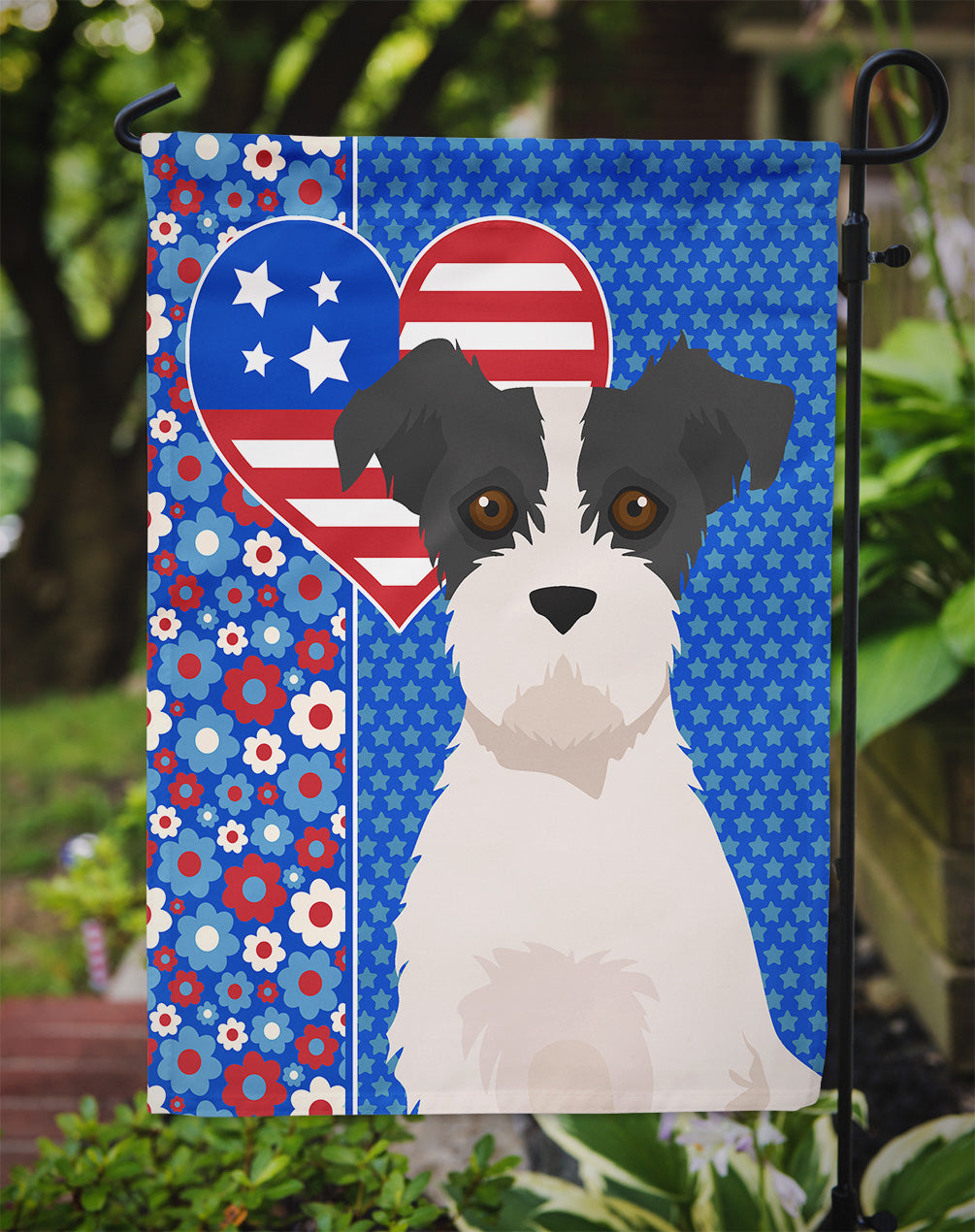 Black White Wirehair Jack Russell Terrier USA American Flag Garden Size  the-store.com.