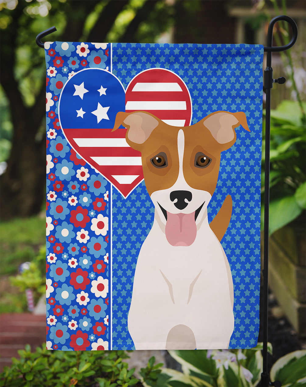 Brown White Smooth Jack Russell Terrier USA American Flag Garden Size  the-store.com.