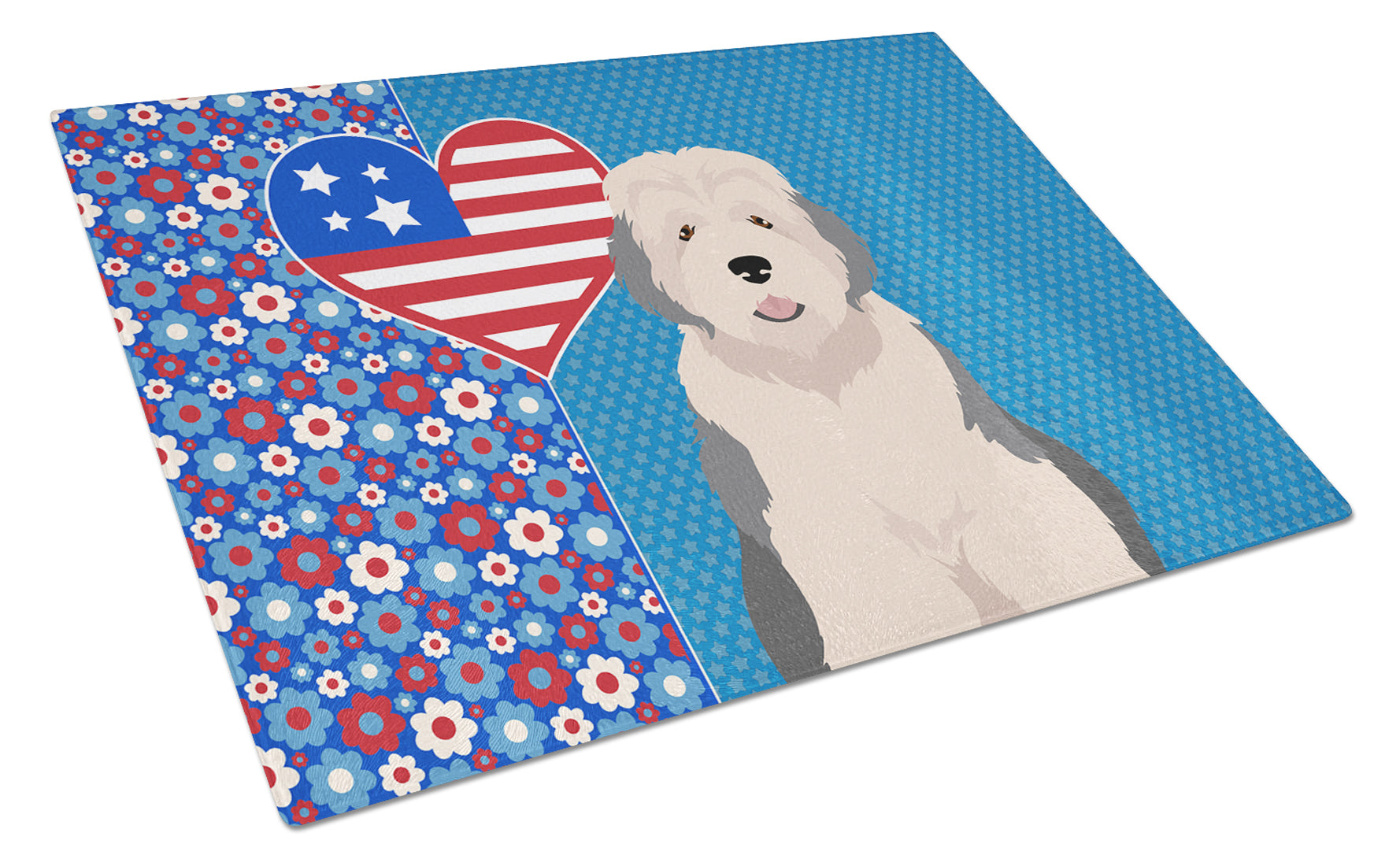 Buy this Old English Sheepdog USA American Glass Cutting Board Large