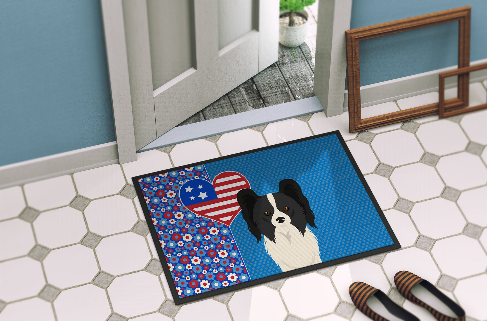 Black and White Papillon USA American Indoor or Outdoor Mat 24x36 - the-store.com