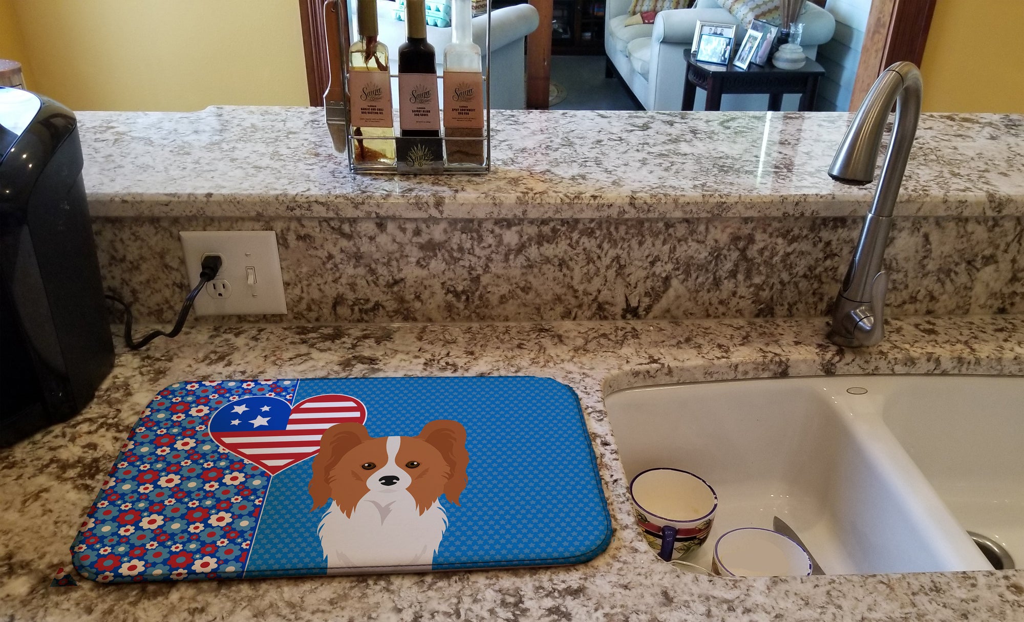 Red and White Papillon USA American Dish Drying Mat