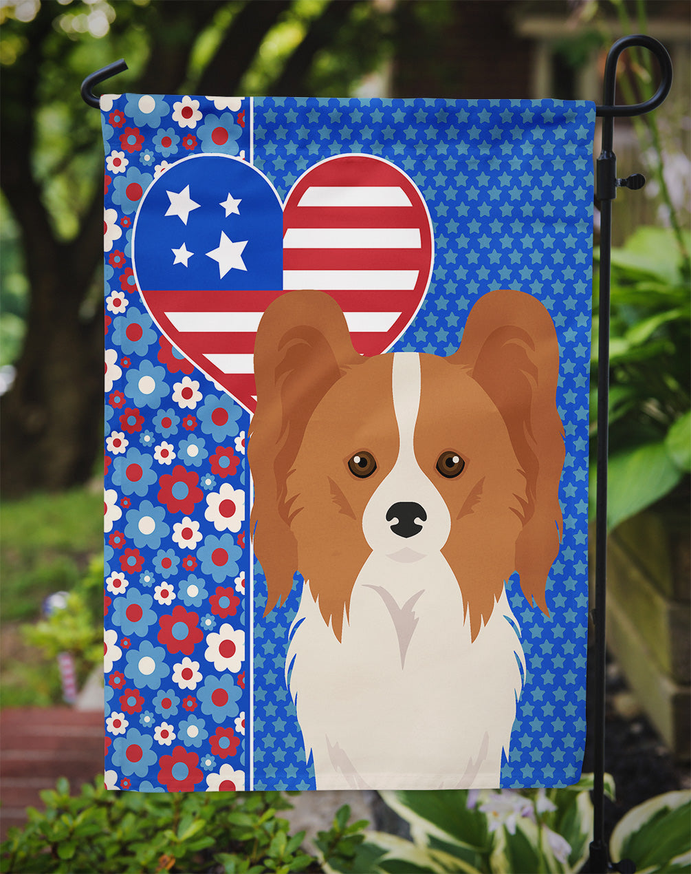 Red and White Papillon USA American Flag Garden Size