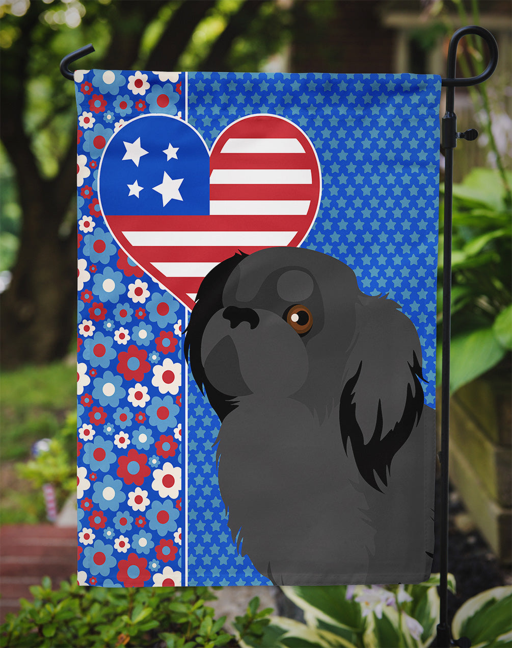 Black Pekingese USA American Flag Garden Size  the-store.com.