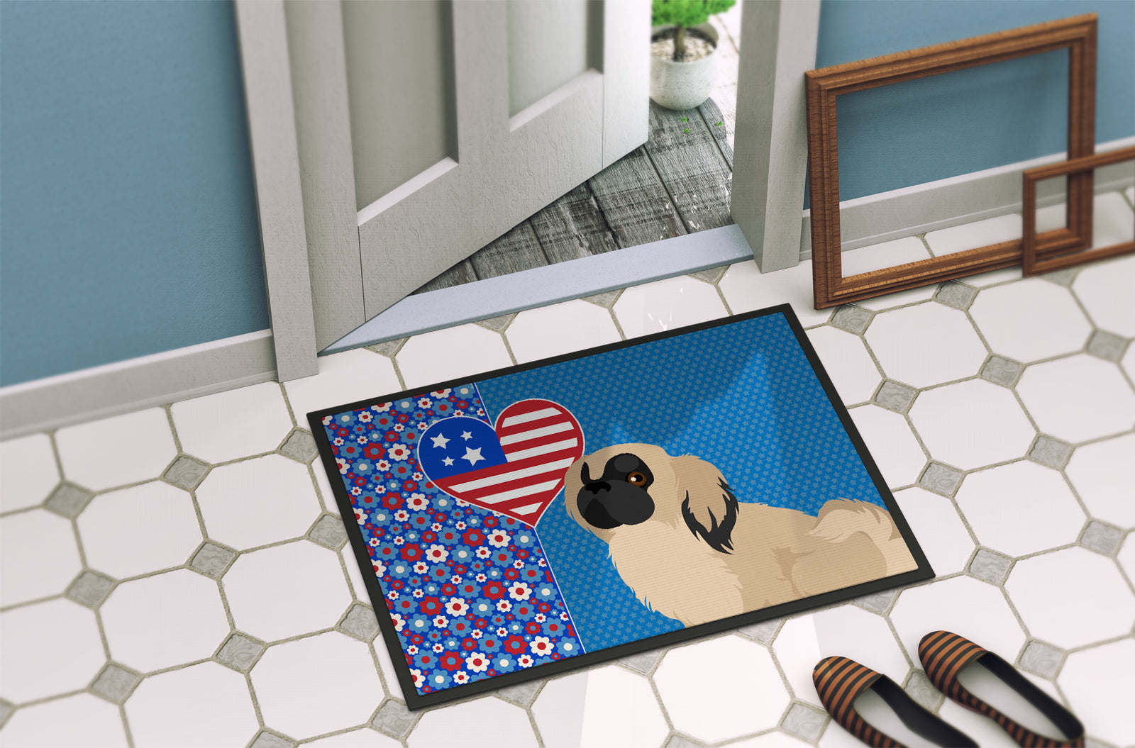 Caroline's Treasures Cream Pekingese USA American Doormat - 24x36 Decorative Floor Mat – Indoor/Outdoor Rug with Artistic Flair