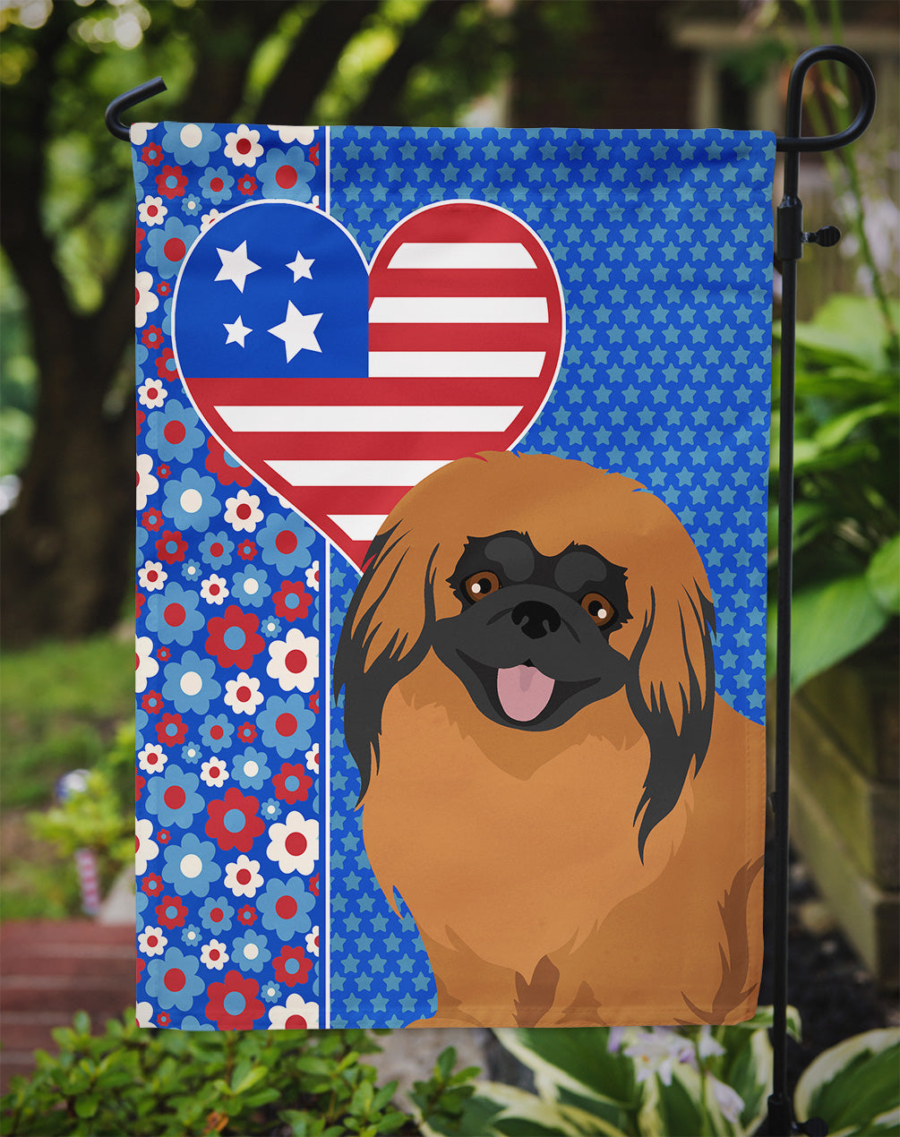 Red Pekingese USA American Flag Garden Size  the-store.com.