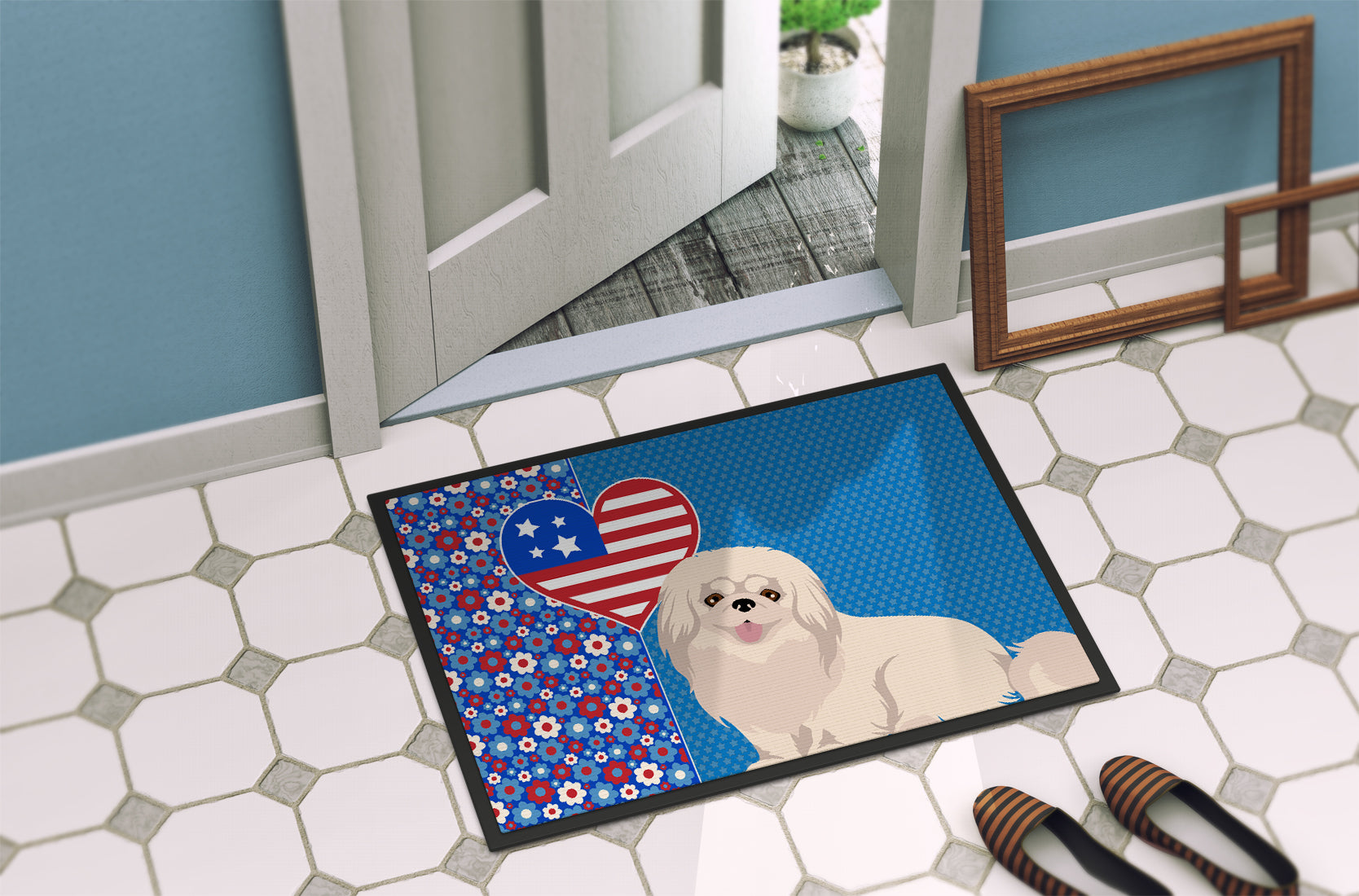 White Pekingese USA American Indoor or Outdoor Mat 24x36 - the-store.com