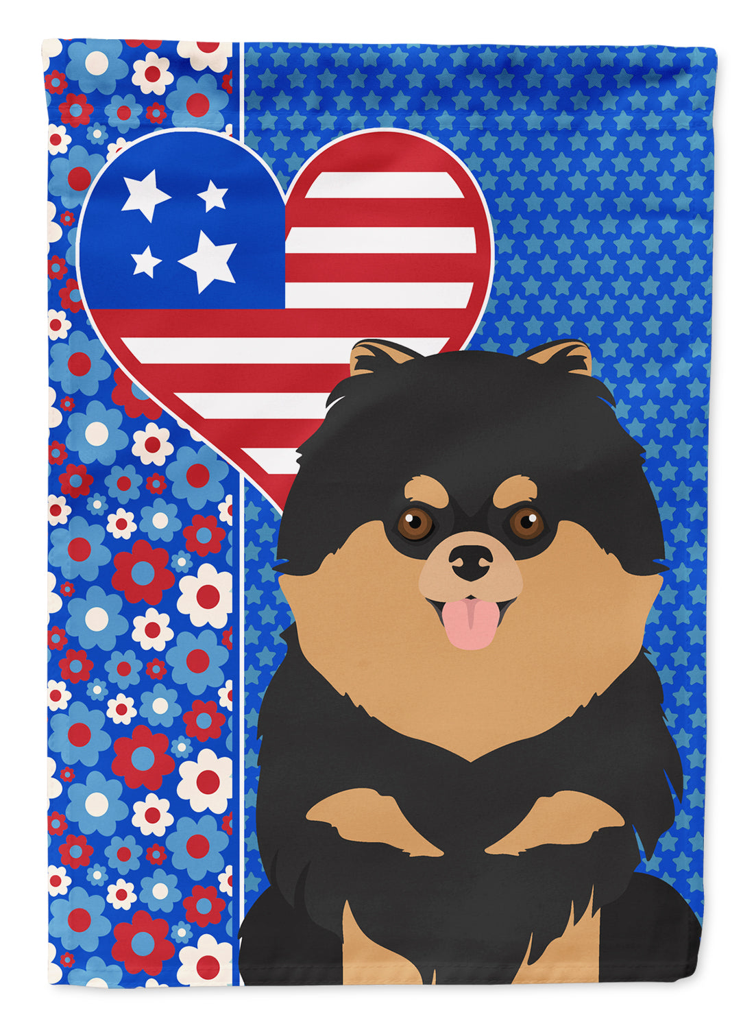 Black and Tan Pomeranian USA American Flag Garden Size