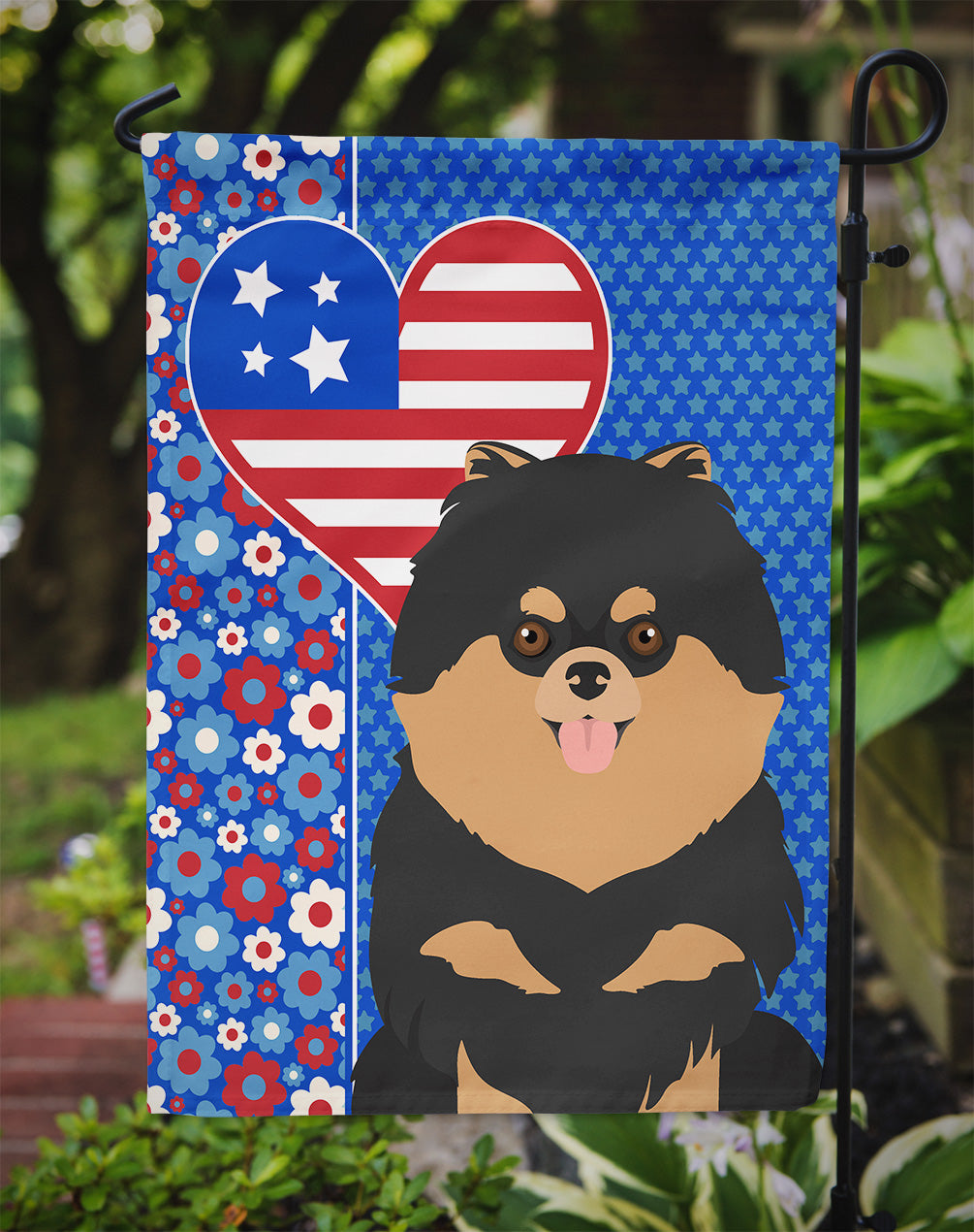Black and Tan Pomeranian USA American Flag Garden Size  the-store.com.