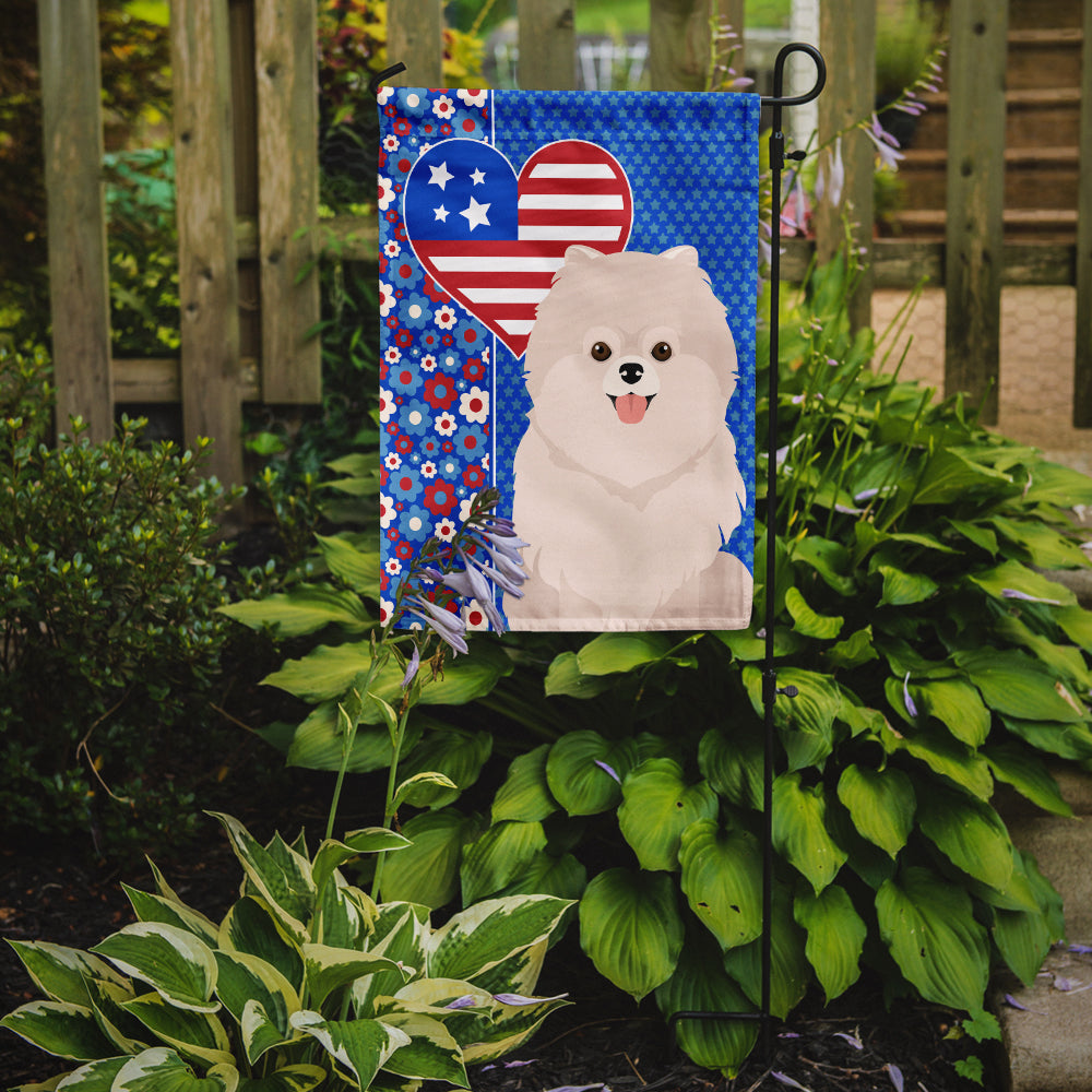White Pomeranian USA American Flag Garden Size
