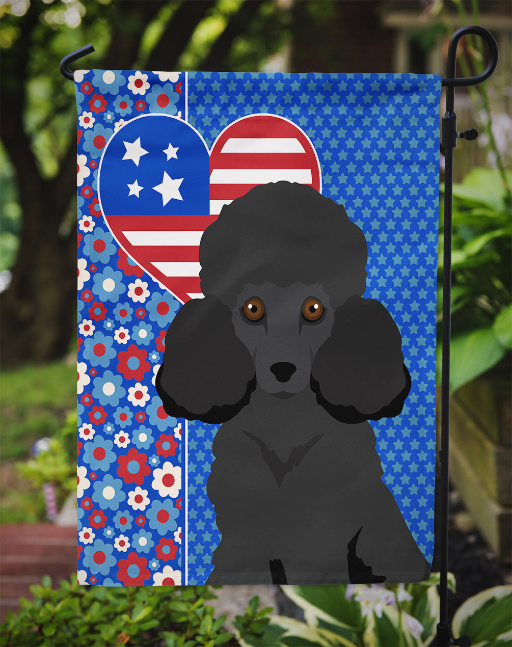 Toy Black Poodle USA American Flag Garden Size