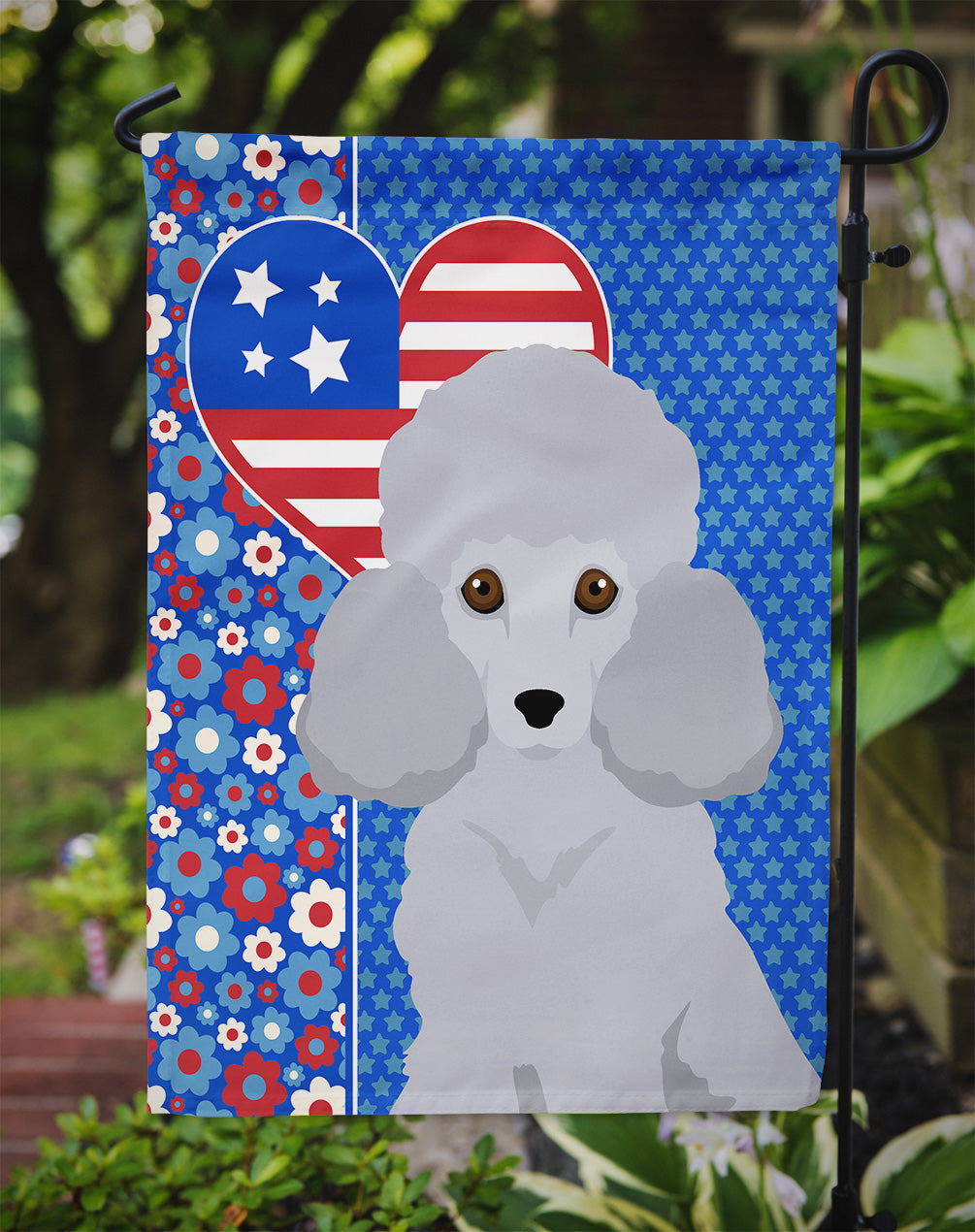 Toy Silver Poodle USA American Flag Garden Size