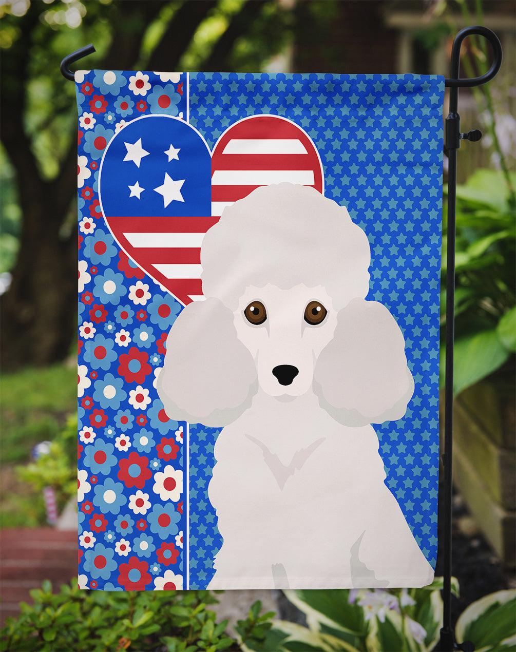 Toy White Poodle USA American Flag Garden Size