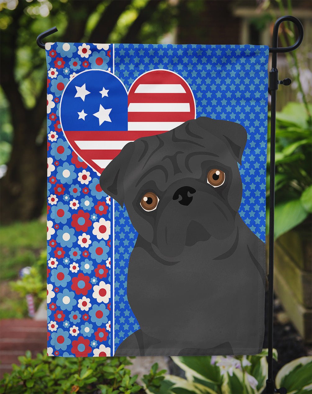 Black Pug USA American Flag Garden Size