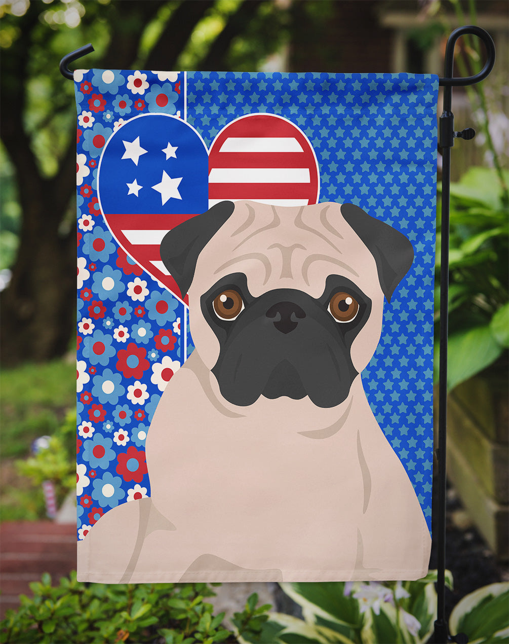 Fawn Pug USA American Flag Garden Size