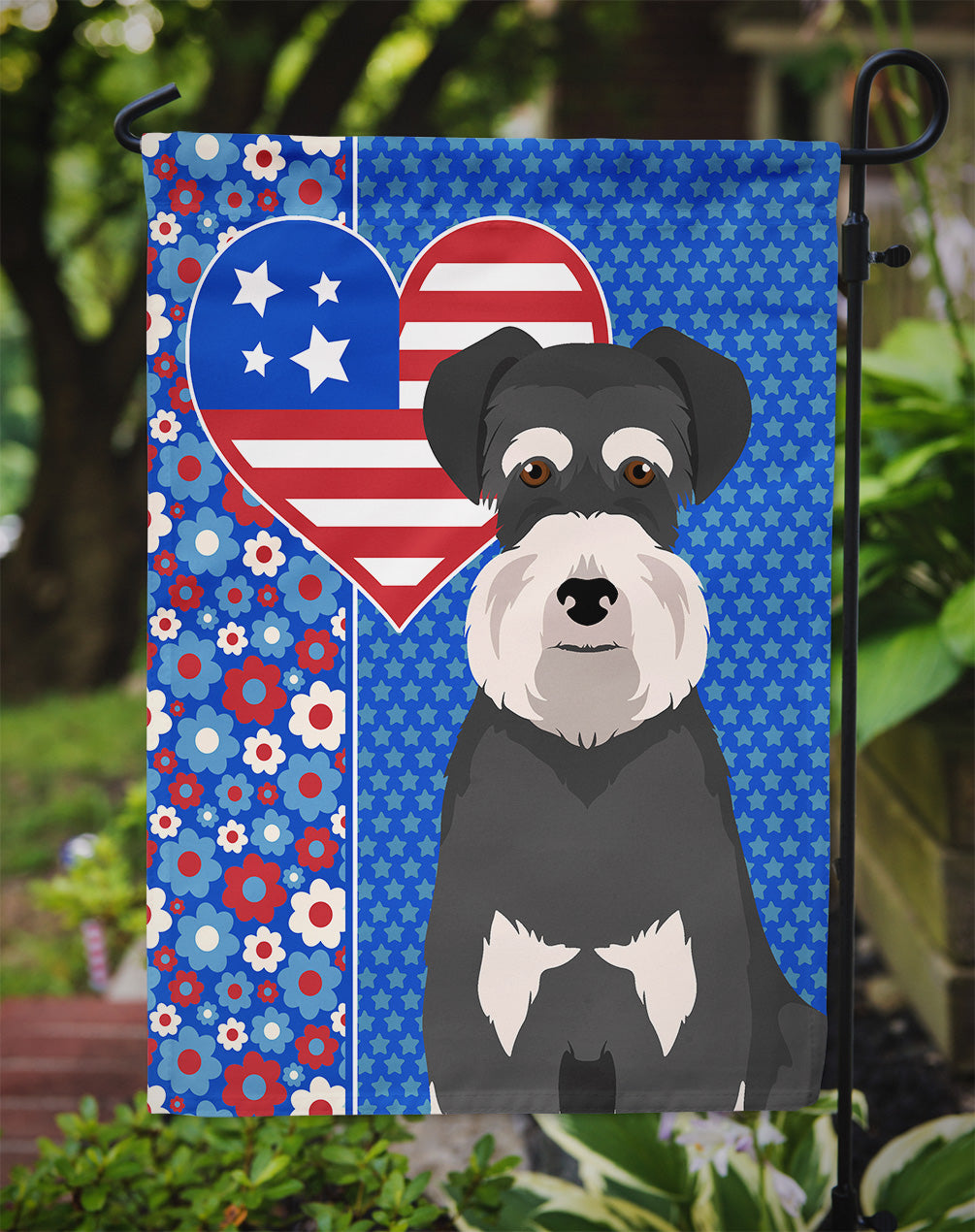 Black and Silver Natural Ears Schnauzer USA American Flag Garden Size  the-store.com.