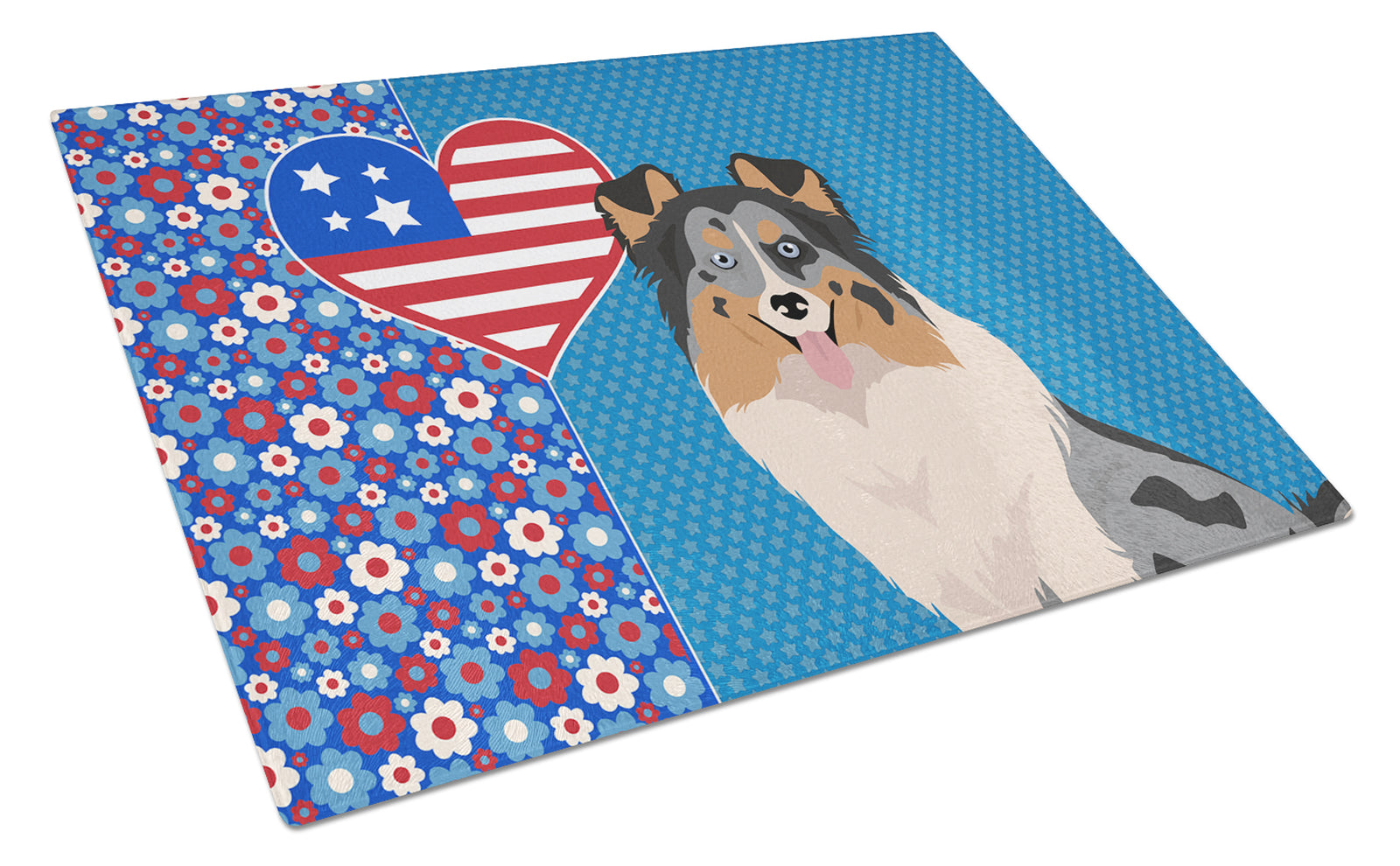Buy this Blue Merle Sheltie USA American Glass Cutting Board Large