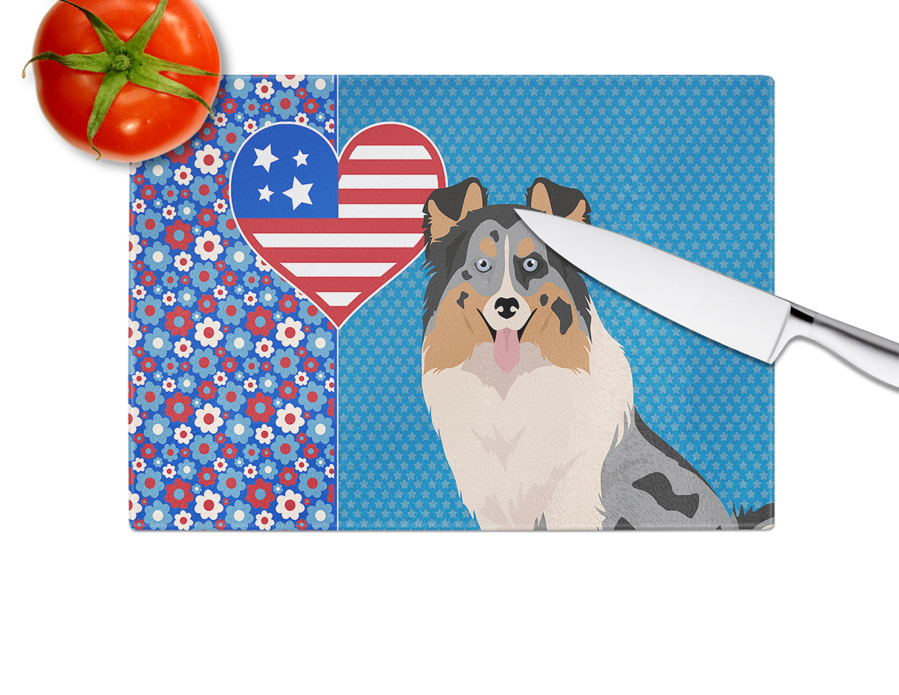 Blue Merle Sheltie USA American Glass Cutting Board Large - the-store.com
