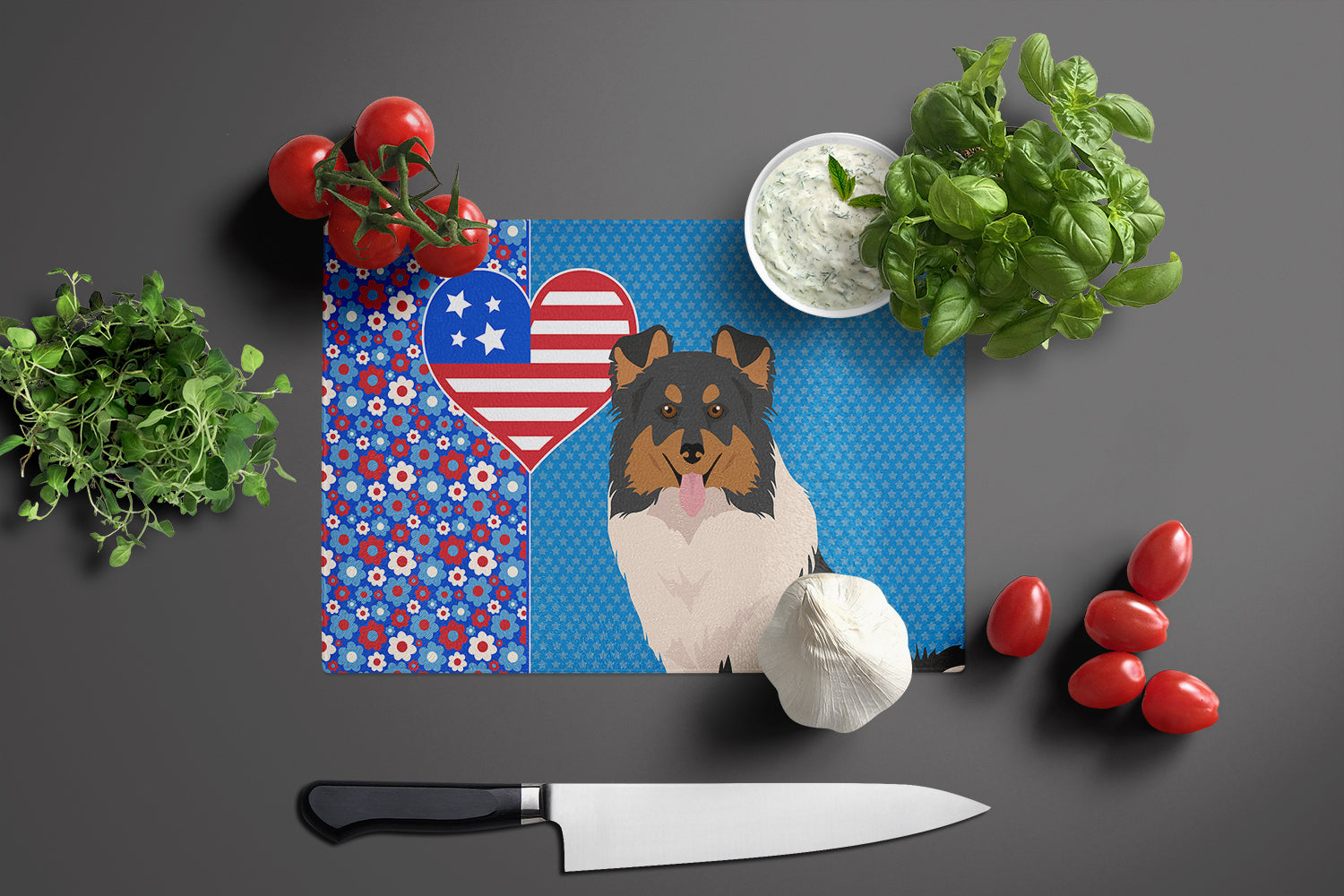 Tricolor Sheltie USA American Glass Cutting Board Large - the-store.com
