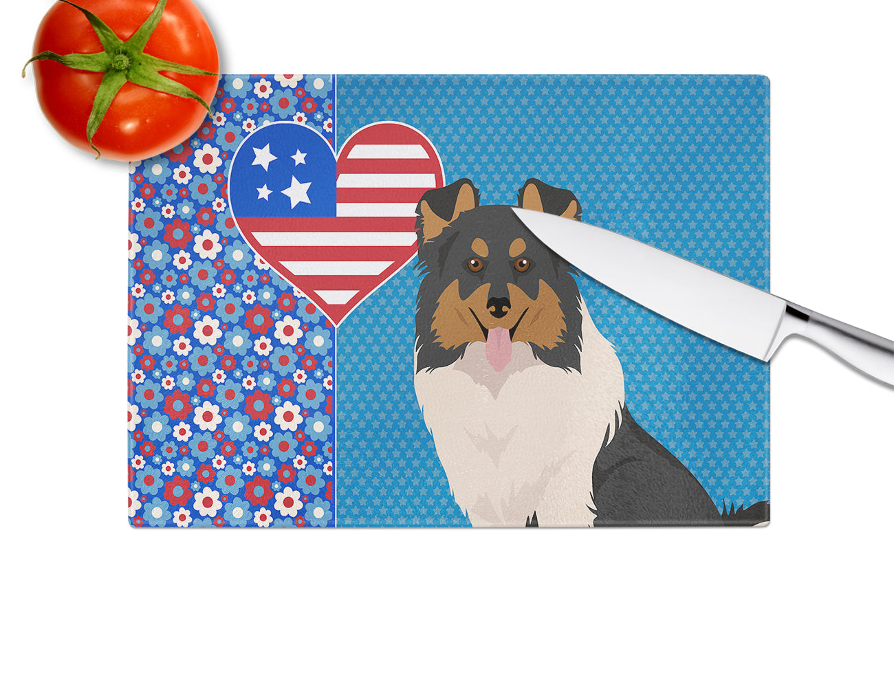 Tricolor Sheltie USA American Glass Cutting Board Large - the-store.com