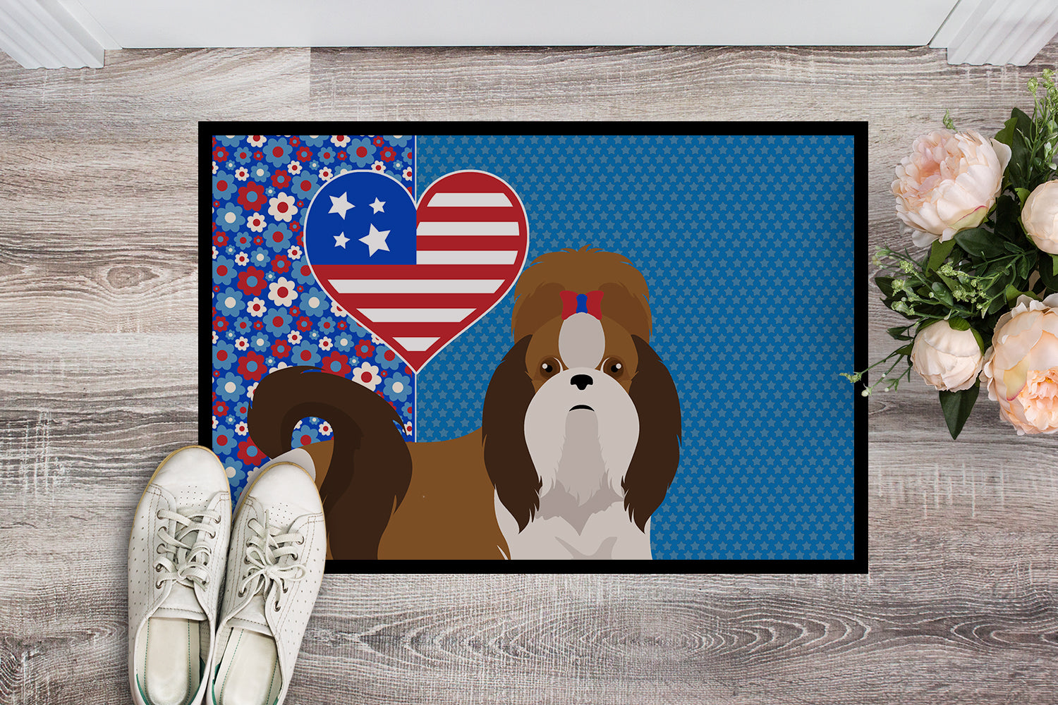 Buy this Red and White Shih Tzu USA American Indoor or Outdoor Mat 24x36