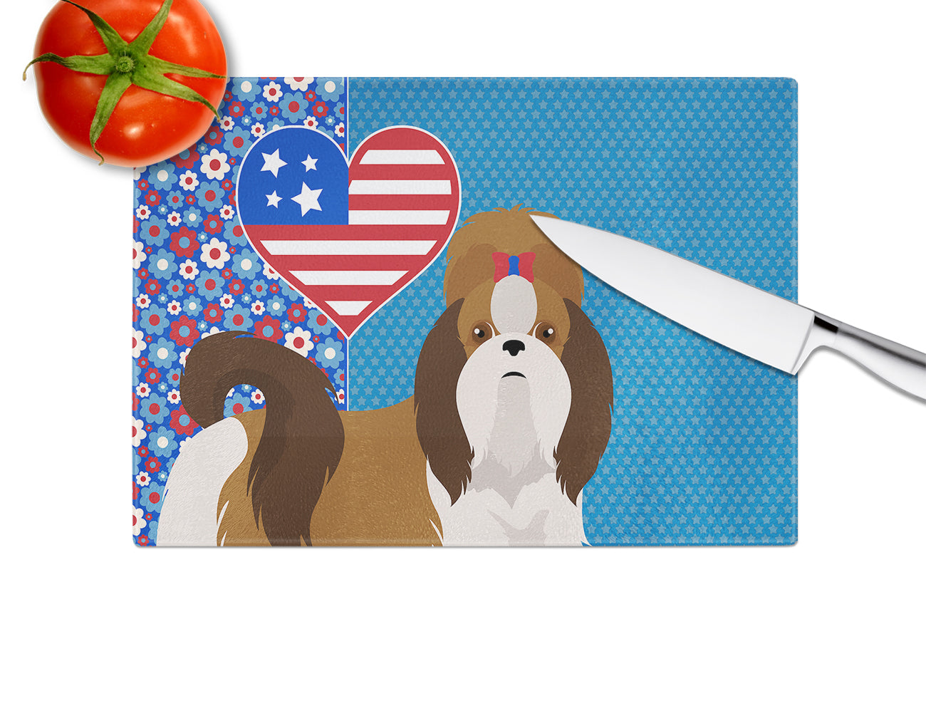 Red and White Shih Tzu USA American Glass Cutting Board Large - the-store.com