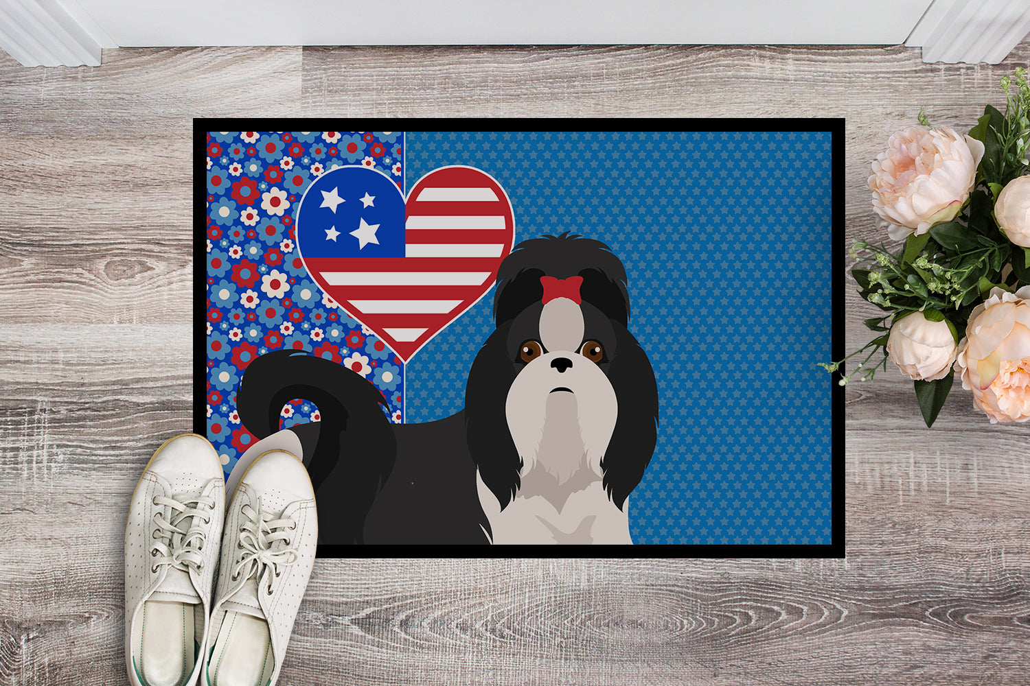 Black and White Shih Tzu USA American Indoor or Outdoor Mat 24x36 - the-store.com