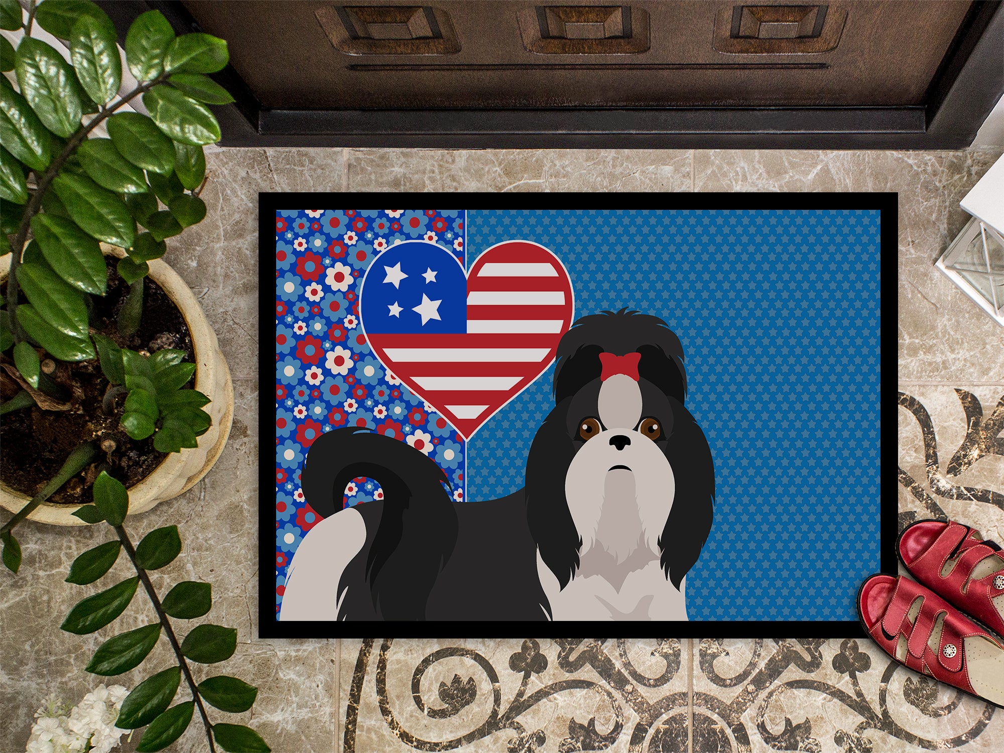 Black and White Shih Tzu USA American Indoor or Outdoor Mat 24x36 - the-store.com