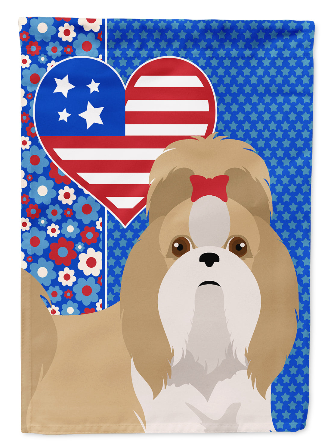 Gold and White Shih Tzu USA American Flag Garden Size  the-store.com.
